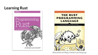 Learning Rust
Also online at https://www.rust-lang.org/
 