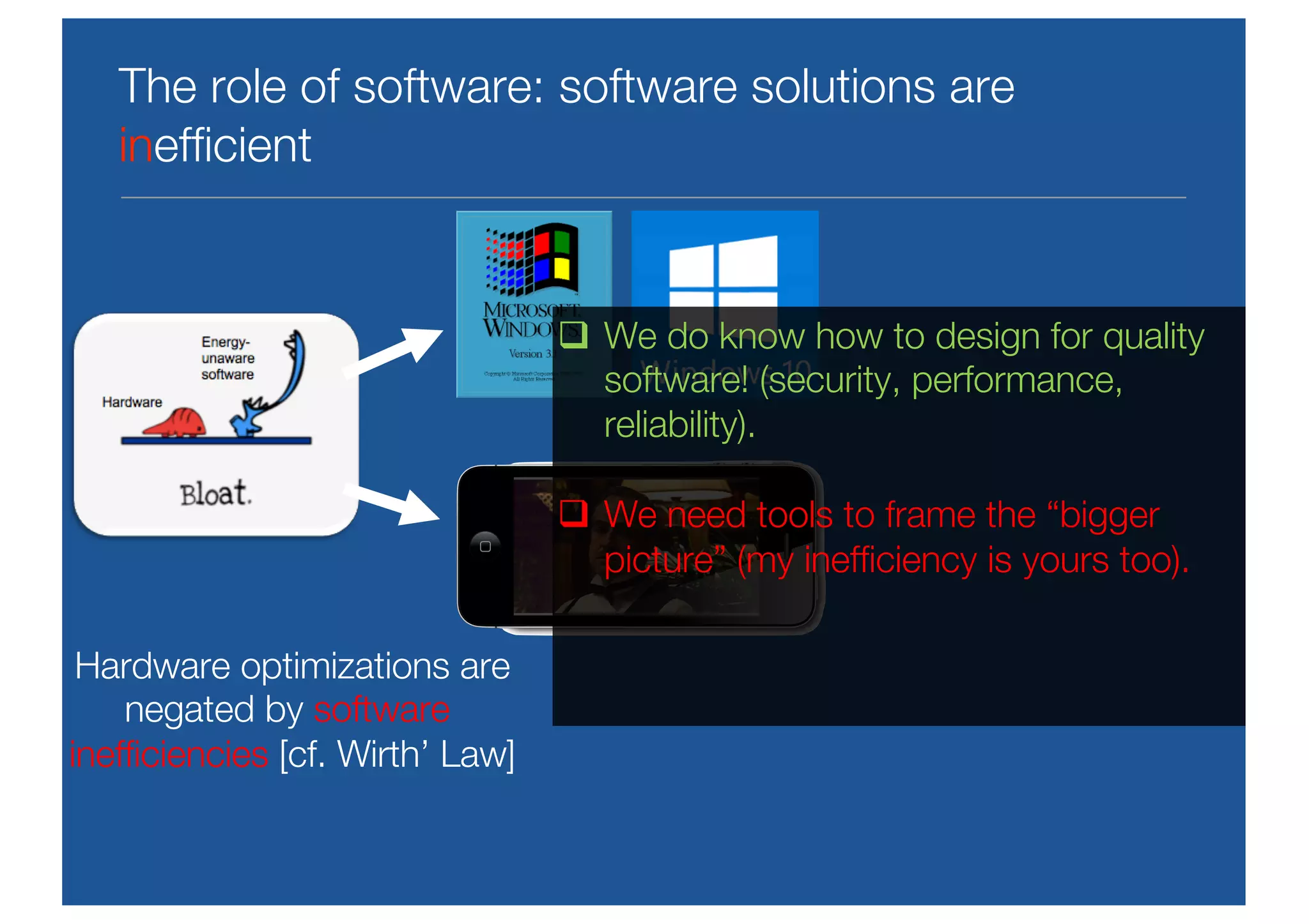 The role of software: software solutions are
inefficient
Hardware optimizations are
negated by software
inefficiencies [cf. Wirth’ Law]
q We do know how to design for quality
software! (security, performance,
reliability).
q We need tools to frame the “bigger
picture” (my inefficiency is yours too).
 