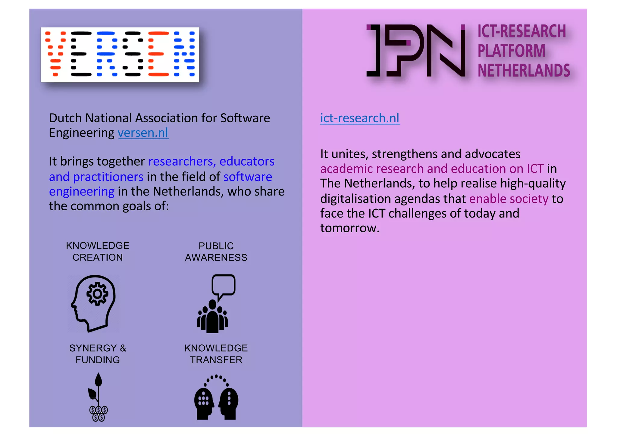 Dutch National Association for Software
Engineering versen.nl
It brings together researchers, educators
and practitioners in the field of software
engineering in the Netherlands, who share
the common goals of:
PUBLIC
AWARENESS
KNOWLEDGE
CREATION
SYNERGY &
FUNDING
KNOWLEDGE
TRANSFER
ict-research.nl
It unites, strengthens and advocates
academic research and education on ICT in
The Netherlands, to help realise high-quality
digitalisation agendas that enable society to
face the ICT challenges of today and
tomorrow.
 