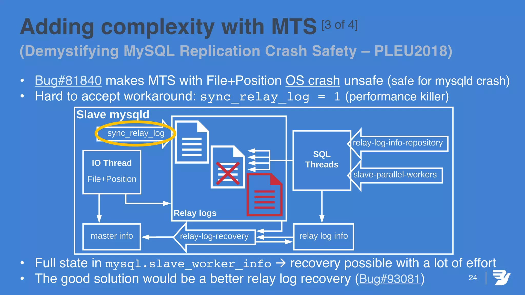 24
Adding complexity with MTS [3 of 4]
(Demystifying MySQL Replication Crash Safety – PLEU2018)
• Bug#81840 makes MTS with File+Position OS crash unsafe (safe for mysqld crash)
• Hard to accept workaround: sync_relay_log = 1 (performance killer)
• Full state in mysql.slave_worker_info à recovery possible with a lot of effort
• The good solution would be a better relay log recovery (Bug#93081)
 