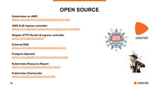 58
OPEN SOURCE
Kubernetes on AWS
github.com/zalando-incubator/kubernetes-on-aws
AWS ALB Ingress controller
github.com/zalando-incubator/kube-ingress-aws-controller
Skipper HTTP Router & Ingress controller
github.com/zalando/skipper
External DNS
github.com/kubernetes-incubator/external-dns
Postgres Operator
github.com/zalando-incubator/postgres-operator
Kubernetes Resource Report
github.com/hjacobs/kube-resource-report
Kubernetes Downscaler
github.com/hjacobs/kube-downscaler
 
