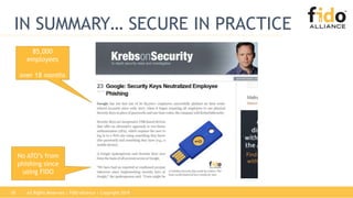 18
IN SUMMARY… SECURE IN PRACTICE
All Rights Reserved | FIDO Alliance | Copyright 2018
85,000
employees
over 18 months
No ATO’s from
phishing since
using FIDO
 