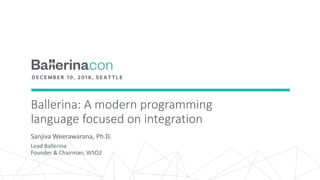 Ballerina: A modern programming
language focused on integration
Sanjiva Weerawarana, Ph.D.
Lead Ballerina
Founder & Chairman, WSO2
 