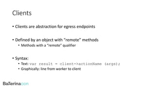 Clients
• Clients are abstraction for egress endpoints
• Defined by an object with “remote” methods
• Methods with a “remote” qualifier
• Syntax:
• Text: var result = client->actionName (args);
• Graphically: line from worker to client
 