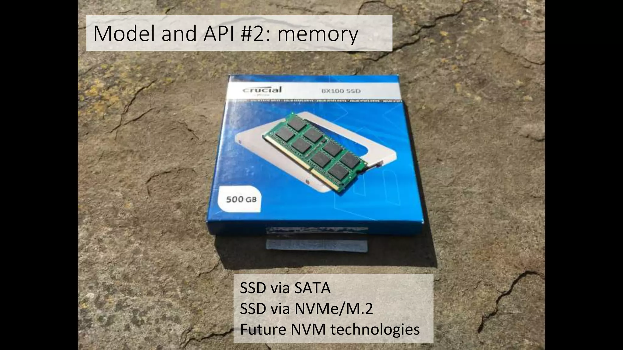 SSD via SATA
SSD via NVMe/M.2
Future NVM technologies
Model and API #2: memory
 