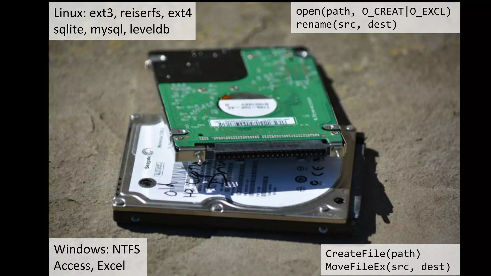 Linux: ext3, reiserfs, ext4
sqlite, mysql, leveldb
open(path, O_CREAT|O_EXCL)
rename(src, dest)
Windows: NTFS
Access, Excel
CreateFile(path)
MoveFileEx(src, dest)
 