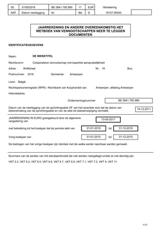 JAARREKENING EN ANDERE OVEREENKOMSTIG HET
WETBOEK VAN VENNOOTSCHAPPEN NEER TE LEGGEN
DOCUMENTEN
IDENTIFICATIEGEGEVENS
Naam: DE WERKTITEL
Rechtsvorm: Coöperatieve vennootschap met beperkte aansprakelijkheid
Adres: Wolfstraat Nr: 16 Bus:
Postnummer: 2018 Gemeente: Antwerpen
Land: België
Rechtspersonenregister (RPR) - Rechtbank van Koophandel van: Antwerpen, afdeling Antwerpen
Internetadres:
Ondernemingsnummer BE 0841.795.989
Datum van de neerlegging van de oprichtingsakte OF van het recentste stuk dat de datum van
bekendmaking van de oprichtingsakte en van de akte tot statutenwijziging vermeldt.
14-12-2011
JAARREKENING IN EURO goedgekeurd door de algemene
vergadering van
13-05-2017
met betrekking tot het boekjaar dat de periode dekt van 01-01-2016 tot 31-12-2016
Vorig boekjaar van 01-01-2015 tot 31-12-2015
De bedragen van het vorige boekjaar zijn identiek met die welke eerder openbaar werden gemaakt.
Nummers van de secties van het standaardmodel die niet werden neergelegd omdat ze niet dienstig zijn:
VKT 2.2, VKT 6.2, VKT 6.5, VKT 6.6, VKT 6.7, VKT 6.9, VKT 7.1, VKT 7.2, VKT 9, VKT 11
1/17
50
NAT.
31/05/2018
Datum neerlegging
BE 0841.795.989
Nr.
17
Blz.
EUR
D.
Verbetering
18157.00045
 