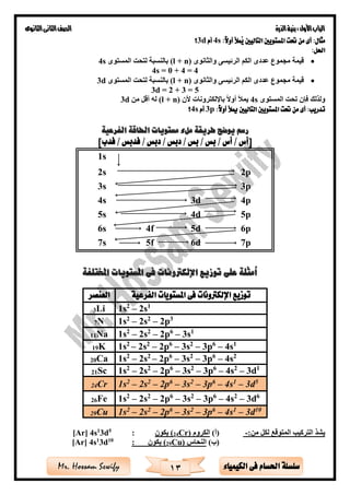 ‫األول‬‫الباب‬‫الذرة‬‫بنية‬:‫الثانوى‬‫الثانى‬‫الصف‬
13 ‫الكيمياء‬ ‫فى‬ ‫احلسام‬ ‫سلسلة‬Mr. Hossam Sewify
:ً‫ال‬‫أو‬ ‫ُمأل‬‫ي‬ ‫التاليني‬ ‫املستويني‬ ‫حتت‬ ‫من‬ ‫أى‬ :‫مثال‬4s‫أم‬3d‫؟‬
:‫احلل‬
•‫والثانوى‬ ‫الرئيسى‬ ‫الكم‬ ‫عددى‬ ‫مجموع‬ ‫قيمة‬(l + n)‫المستوى‬ ‫لتحت‬ ‫بالنسبة‬4s
4s = 0 + 4 = 4
•‫والثانوى‬ ‫الرئيسى‬ ‫الكم‬ ‫عددى‬ ‫مجموع‬ ‫قيمة‬(l + n)‫بالنس‬‫المستوى‬ ‫لتحت‬ ‫بة‬3d
3d = 2 + 3 = 5
‫المستوى‬ ‫تحت‬ ‫فإن‬ ‫ولذلك‬4s‫ألن‬ ‫باإللكترونات‬ ‫أوال‬ ‫يمأل‬(l + n)‫من‬ ‫أقل‬ ‫له‬3d
:‫تدريب‬:ً‫ال‬‫أو‬ ‫ميأل‬ ‫التاليني‬ ‫املستويني‬ ‫حتت‬ ‫من‬ ‫أى‬3p‫أم‬4s‫؟‬
‫الفرعية‬ ‫الطاقة‬ ‫مستويات‬ ‫ملء‬ ‫طريقة‬ ‫يوضح‬ ‫رسم‬
[/ ‫أس‬ / ‫أس‬/ ‫بس‬ / ‫بس‬‫فدب‬ / ‫فدبس‬ / ‫دبس‬ / ‫دبس‬]
1s
2p2s
3p3s
4p3d4s
5p4d5s
6p5d4f6s
7p6d5f7s
‫اإللكرتونات‬ ‫توزيع‬ ‫على‬ ‫أمثلة‬‫فى‬‫املختلفة‬ ‫املستويات‬
‫العنصر‬ ‫الفرعية‬ ‫املستويات‬ ‫فى‬ ‫اإللكرتونات‬ ‫توزيع‬
3Li 1s2
– 2s1
7N 1s2
– 2s2
– 2p3
11Na 1s2
– 2s2
– 2p6
– 3s1
19K 1s2
– 2s2
– 2p6
– 3s2
– 3p6
– 4s1
20Ca 1s2
– 2s2
– 2p6
– 3s2
– 3p6
– 4s2
21Sc 1s2
– 2s2
– 2p6
– 3s2
– 3p6
– 4s2
– 3d1
24Cr 1s2
– 2s2
– 2p6
– 3s2
– 3p6
– 4s1
– 3d5
26Fe 1s2
– 2s2
– 2p6
– 3s2
– 3p6
– 4s2
– 3d6
29Cu 1s2
– 2s2
– 2p6
– 3s2
– 3p6
– 4s1
– 3d10
‫التركي‬ ‫يشذ‬:‫من‬ ‫لكل‬ ‫المتوقع‬-)‫(أ‬‫الكروم‬Cr)24(‫يكون‬:5
d31
s4[Ar]
)‫(ب‬‫النحاس‬Cu)29(‫يكون‬:10
3d1
4s[Ar]
 