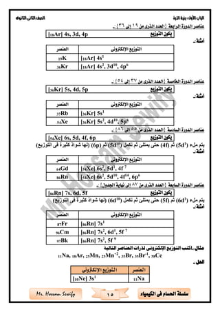 ‫األول‬‫الباب‬‫الذرة‬‫بنية‬:‫الثانوى‬‫الثانى‬‫الصف‬
15 ‫الكيمياء‬ ‫فى‬ ‫احلسام‬ ‫سلسلة‬Mr. Hossam Sewify
‫الرابعة‬ ‫الدورة‬ ‫عناصر‬{‫من‬ ‫الذرى‬ ‫العدد‬19‫إىل‬36}:-
‫التوزيع‬ ‫يكون‬[18Ar] 4s, 3d, 4p
:‫أمثلة‬-
‫العنصر‬ ‫اإللكرتونى‬ ‫التوزيع‬
19K [18Ar] 4s1
36Kr [18Ar] 4s2
, 3d10
, 4p6
‫اخلامسة‬ ‫الدورة‬ ‫عناصر‬{‫من‬ ‫الذرى‬ ‫العدد‬37‫إىل‬54}:-
‫التوزيع‬ ‫يكون‬[36Kr] 5s, 4d, 5p
:‫أمثلة‬-
‫العنصر‬ ‫اإللكرتونى‬ ‫التوزيع‬
37Rb [36Kr] 5s1
54Xe [36Kr] 5s2
, 4d10
, 5p6
‫السادسة‬ ‫الدورة‬ ‫عناصر‬{‫من‬ ‫الذرى‬ ‫العدد‬55‫إىل‬86}:-
‫التوزيع‬ ‫يكون‬[54Xe] 6s, 5d, 4f, 6p
‫ملء‬ ‫يتم‬)1
d5(‫ثم‬f)4(‫نكمل‬ ‫ثم‬ ‫يمتلئ‬ ‫حتى‬)10
d5(‫ثم‬p)6(‫التوزيع‬ ‫فى‬ ‫كثيرة‬ ‫شواذ‬ ‫(لها‬)
:‫أمثلة‬-
‫العنصر‬ ‫اإللكرتونى‬ ‫التوزيع‬
64Gd [54Xe] 6s2
, 5d1
, 4f 7
86Rn [54Xe] 6s2
, 5d10
, 4f14
, 6p6
‫السابعة‬ ‫الدورة‬ ‫عناصر‬{‫من‬ ‫الذرى‬ ‫العدد‬87‫اجلدول‬ ‫نهاية‬ ‫إىل‬}:-
‫التوزيع‬ ‫يكون‬[86Rn] 7s, 6d, 5f
‫ملء‬ ‫يتم‬)1
d6(‫ثم‬f)5(‫نكمل‬ ‫ثم‬ ‫يمتلئ‬ ‫حتى‬)10
d6(‫كثيرة‬ ‫شواذ‬ ‫(لها‬‫فى‬‫التوزيع‬)
:‫أمثلة‬-
‫العنصر‬ ‫اإللكرتونى‬ ‫التوزيع‬
87Fr [86Rn] 7s1
96Cm [86Rn] 7s2
, 6d1
, 5f 7
97Bk [86Rn] 7s2
, 5f 9
‫مثال‬:-‫التالية‬ ‫العناصر‬ ‫لذرات‬ ‫اإللكرتونى‬ ‫التوزيع‬ ‫اكتب‬
11Na, 18Ar, 25Mn, 25Mn+2
, 35Br, 35Br-1
, 58Ce
:‫احلل‬-
‫العنصر‬‫اإللكرتونى‬ ‫التوزيع‬
11Na[10Ne] 3s1
 