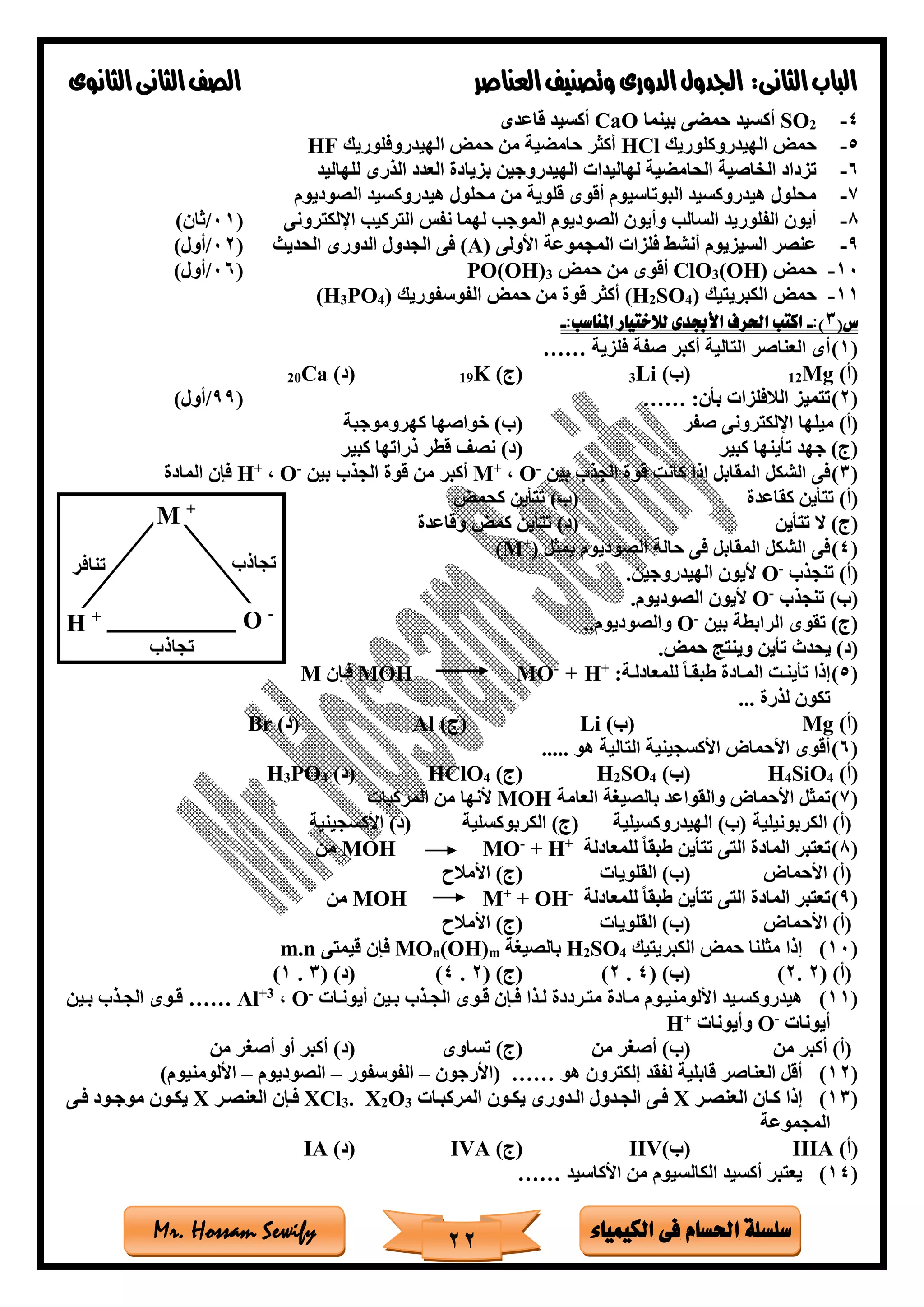 ‫فى‬ ‫احلسام‬ ‫سلسلة‬‫الكيمياء‬Mr. Hossam Sewify
‫الثانى‬‫الباب‬:‫العناصر‬‫وتصنيف‬ ‫الدورى‬‫اجلدول‬‫الثانوى‬‫الثانى‬‫الصف‬
22
4-2SO‫بينما‬ ‫حمضى‬ ‫أكسيد‬CaO‫قاعدى‬ ‫أكسيد‬
5-‫الهيدروكلوريك‬ ‫حمض‬HCl‫الهيدروفلوريك‬ ‫حمض‬ ‫من‬ ‫حامضية‬ ‫أكثر‬HF
6-‫للهاليد‬ ‫الذرى‬ ‫العدد‬ ‫بزيادة‬ ‫الهيدروجين‬ ‫لهاليدات‬ ‫الحامضية‬ ‫الخاصية‬ ‫تزداد‬
7-‫ا‬ ‫هيدروكسيد‬ ‫محلول‬ ‫من‬ ‫قلوية‬ ‫أقوى‬ ‫البوتاسيوم‬ ‫هيدروكسيد‬ ‫محلول‬‫لصوديوم‬
8-‫اإللكترونى‬ ‫التركيب‬ ‫نفس‬ ‫لهما‬ ‫الموجب‬ ‫الصوديوم‬ ‫وأيون‬ ‫السالب‬ ‫الفلوريد‬ ‫أيون‬(01/)‫ثان‬
9-‫األولى‬ ‫المجموعة‬ ‫فلزات‬ ‫أنشط‬ ‫السيزيوم‬ ‫عنصر‬(A)‫الحديث‬ ‫الدورى‬ ‫الجدول‬ ‫فى‬(02/)‫أول‬
10-‫حمض‬(OH)3ClO‫حمض‬ ‫من‬ ‫أقوى‬3PO(OH)(06/)‫أول‬
11-‫الكبريتيك‬ ‫حمض‬)4SO2(H‫الفوس‬ ‫حمض‬ ‫من‬ ‫قوة‬ ‫أكثر‬‫فوريك‬)4PO3(H
(‫س‬3:)-:‫املناسب‬ ‫لالختيار‬ ‫األجبدى‬ ‫احلرف‬ ‫اكتب‬-
(1)‫فلزية‬ ‫صفة‬ ‫أكبر‬ ‫التالية‬ ‫العناصر‬ ‫أى‬……
)‫(أ‬Mg12)‫(ب‬Li3)‫(ج‬K19)‫(د‬Ca20
(2):‫بأن‬ ‫الالفلزات‬ ‫تتميز‬……(99/)‫أول‬
‫صفر‬ ‫اإللكترونى‬ ‫ميلها‬ )‫(أ‬‫كهروموجبة‬ ‫خواصها‬ )‫(ب‬
‫كبير‬ ‫تأينها‬ ‫جهد‬ )‫(ج‬‫قطر‬ ‫نص‬ )‫(د‬‫كبير‬ ‫ذراتها‬
(3)‫بين‬ ‫الجذب‬ ‫قوة‬ ‫كانت‬ ‫إذا‬ ‫المقابل‬ ‫الشكل‬ ‫فى‬-
O،+
M‫بين‬ ‫الجذب‬ ‫قوة‬ ‫من‬ ‫أكبر‬-
O،+
H‫المادة‬ ‫فإن‬
‫كقاعدة‬ ‫تتأين‬ )‫(أ‬‫كحمض‬ ‫تتأين‬ )‫(ب‬
‫ال‬ )‫(ج‬‫ت‬‫تأين‬‫وقاعدة‬ ‫كمض‬ ‫تتأين‬ )‫(د‬
(4)‫يمثل‬ ‫الصوديوم‬ ‫حالة‬ ‫فى‬ ‫المقابل‬ ‫الشكل‬ ‫فى‬)+
(M
‫تنجذب‬ )‫(أ‬-
O‫الهيدروجين‬ ‫أليون‬.
(‫تنجذب‬ )‫ب‬-
O‫الصوديوم‬ ‫أليون‬.
‫بين‬ ‫الرابطة‬ ‫تقوى‬ )‫(ج‬-
O‫والصوديوم‬..
‫حمض‬ ‫وينتج‬ ‫تأين‬ ‫يحدث‬ )‫(د‬.
(5):‫للمعادلتة‬ ً‫ا‬‫طبقت‬ ‫المتادة‬ ‫تأينتت‬ ‫إذا‬+
+ H-
MOH MO‫فتإن‬M
‫لذرة‬ ‫تكون‬...
)‫(أ‬Mg)‫(ب‬Li)‫(ج‬Al)‫(د‬Br
(6)‫هو‬ ‫التالية‬ ‫األكسجينية‬ ‫األحماض‬ ‫أقوى‬.....
)‫(أ‬4SiO4H)‫(ب‬4SO2H)‫(ج‬4HClO)‫(د‬4PO3H
(7)‫العامة‬ ‫بالصيغة‬ ‫والقواعد‬ ‫األحماض‬ ‫تمثل‬MOH‫المركبات‬ ‫من‬ ‫ألنها‬
‫الكربونيلية‬ )‫(أ‬‫الهيدروكسيلية‬ )‫(ب‬‫الكربوكسلية‬ )‫(ج‬‫األكسجينية‬ )‫(د‬
(8)‫للمعادلة‬ ً‫ا‬‫طبق‬ ‫تتأين‬ ‫التى‬ ‫المادة‬ ‫تعتبر‬+
+ H-
MOMOH‫من‬
‫األحماض‬ )‫(أ‬‫ال‬ )‫(ب‬‫قلويات‬‫األمالح‬ )‫(ج‬
(9)‫للمعادلة‬ ً‫ا‬‫طبق‬ ‫تتأين‬ ‫التى‬ ‫المادة‬ ‫تعتبر‬-
+ OH+
MMOH‫من‬
‫األحماض‬ )‫(أ‬‫القلويات‬ )‫(ب‬‫األمالح‬ )‫(ج‬
(10)‫الكبريتيك‬ ‫حمض‬ ‫مثلنا‬ ‫إذا‬4SO2H‫بالصيغة‬m(OH)nMO‫قيمتى‬ ‫فإن‬n.m
( )‫(أ‬2.2)( )‫(ب‬4.2)( )‫(ج‬2.4)( )‫(د‬3.1)
(11)‫ا‬ ‫هيدروكستيد‬‫تات‬‫ت‬‫أيون‬ ‫تين‬‫ت‬‫ب‬ ‫تذب‬‫ت‬‫الج‬ ‫قتوى‬ ‫تإن‬‫ت‬‫ف‬ ‫تذا‬‫ت‬‫ل‬ ‫ترددة‬‫ت‬‫مت‬ ‫تادة‬‫ت‬‫م‬ ‫توم‬‫ت‬‫أللومني‬-
O،3+
Al……‫تين‬‫ت‬‫ب‬ ‫تذب‬‫ت‬‫الج‬ ‫توى‬‫ت‬‫ق‬
‫أيونات‬-
O‫وأيونات‬+
H
‫من‬ ‫أكبر‬ )‫(أ‬‫من‬ ‫أصغر‬ )‫(ب‬‫تساوى‬ )‫(ج‬‫من‬ ‫أصغر‬ ‫أو‬ ‫أكبر‬ )‫(د‬
(12)‫هو‬ ‫إلكترون‬ ‫لفقد‬ ‫قابلية‬ ‫العناصر‬ ‫أقل‬……‫(األرجون‬–‫الفوسفور‬–‫الصوديوم‬–)‫األلومنيوم‬
(13)‫العن‬ ‫كتان‬ ‫إذا‬‫تر‬‫ت‬‫ص‬X‫تات‬‫ت‬‫المركب‬ ‫تون‬‫ت‬‫يك‬ ‫تدورى‬‫ت‬‫ال‬ ‫تدول‬‫ت‬‫الج‬ ‫تى‬‫ت‬‫ف‬3O2X.3XCl‫تر‬‫ت‬‫العنص‬ ‫تإن‬‫ت‬‫ف‬X‫تى‬‫ت‬‫ف‬ ‫تود‬‫ت‬‫موج‬ ‫تون‬‫ت‬‫يك‬
‫المجموعة‬
)‫(أ‬IIIA)‫(ب‬IIV)‫(ج‬IVA)‫(د‬IA
(14)‫األكاسيد‬ ‫من‬ ‫الكالسيوم‬ ‫أكسيد‬ ‫يعتبر‬……
O -
H +
M +
 