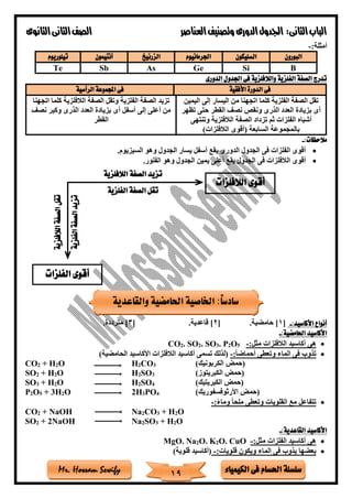 ‫فى‬ ‫احلسام‬ ‫سلسلة‬‫الكيمياء‬Mr. Hossam Sewify
‫الثانى‬‫الباب‬:‫العناصر‬‫وتصنيف‬ ‫الدورى‬‫اجلدول‬‫الثانوى‬‫الثانى‬‫الصف‬
19
:‫أمثلة‬-
‫البورون‬‫السليكون‬‫اجلرمانيوم‬‫الزرنيخ‬‫أنتيمون‬‫تيلوريوم‬
BSiGeAsSbTe
‫والال‬ ‫الفلزية‬ ‫الصفة‬ ‫تدرج‬‫الدورى‬ ‫اجلدول‬ ‫فى‬ ‫فلزية‬
‫األفقية‬ ‫الدورة‬ ‫فى‬‫الرأسية‬ ‫اجملموعة‬ ‫فى‬
‫اليمين‬ ‫إلى‬ ‫اليسار‬ ‫من‬ ‫اتجهنا‬ ‫كلما‬ ‫الفلزية‬ ‫الصفة‬ ‫تقل‬
‫تظهر‬ ‫حتى‬ ‫القطر‬ ‫نص‬ ‫ونقص‬ ‫الذرى‬ ‫العدد‬ ‫بزيادة‬ ‫أى‬
‫وتنتهى‬ ‫الالفلزية‬ ‫الصفة‬ ‫تزداد‬ ‫ثم‬ ‫الفلزات‬ ‫أةباه‬
)‫الالفلزات‬ ‫(أقوى‬ ‫السابعة‬ ‫بالمجموعة‬
‫الفلز‬ ‫الصفة‬ ‫تزيد‬‫اتجهنا‬ ‫كلما‬ ‫الالفلزية‬ ‫الصفة‬ ‫وتقل‬ ‫ية‬
‫نص‬ ‫وكبر‬ ‫الذرى‬ ‫العدد‬ ‫بزيادة‬ ‫أى‬ ‫أسفل‬ ‫إلى‬ ‫أعلى‬ ‫من‬
‫القطر‬
:‫مالحظات‬-
•‫السيزيوم‬ ‫وهو‬ ‫الجدول‬ ‫يسار‬ ‫أسفل‬ ‫يقع‬ ‫الدورى‬ ‫الجدول‬ ‫فى‬ ‫الفلزات‬ ‫أقوى‬.
•‫الفلور‬ ‫وهو‬ ‫الجدول‬ ‫يمين‬ ‫أعلى‬ ‫يقع‬ ‫الجدول‬ ‫فى‬ ‫الالفلزات‬ ‫أقوى‬.
‫األكاسيد‬ ‫أنواع‬:-[1‫حامضية‬ ].[2‫قاعدية‬ ].[3‫مترددة‬ ].
:‫احلامضية‬ ‫األكاسيد‬-
•:‫مثل‬ ‫الالفلزات‬ ‫أكاسيد‬ ‫هى‬-5O2P.3SO.2SO.2CO
•:ً‫ا‬‫أحماض‬ ‫وتعطى‬ ‫الماء‬ ‫فى‬ ‫تذوب‬-)‫الحامضية‬ ‫األكاسيد‬ ‫الالفلزات‬ ‫أكاسيد‬ ‫تسمى‬ ‫(لذلك‬
CO2 + H2O H2CO3 )‫الكربونيك‬ ‫(حمض‬
SO2 + H2O H2SO3 )‫الكبريتوز‬ ‫(حمض‬
SO3 + H2O H2SO4 )‫الكبريتيك‬ ‫(حمض‬
P2O5 + 3H2O 2H3PO4 )‫األرثوفسفوريك‬ ‫(حمض‬
•:ً‫ء‬‫وما‬ ً‫ا‬‫ملح‬ ‫وتعطى‬ ‫القلويات‬ ‫مع‬ ‫تتفاعل‬-
CO2 + NaOH Na2CO3 + H2O
SO2 + 2NaOH Na2SO3 + H2O
:‫القاعدية‬ ‫األكاسيد‬-
•:‫مثل‬ ‫الفلزات‬ ‫أكاسيد‬ ‫هى‬-CuO.O2K.O2Na.MgO
•:‫قلويات‬ ‫ويكون‬ ‫الماء‬ ‫فى‬ ‫يذوب‬ ‫بعضها‬-)‫قلوية‬ ‫(أكاسيد‬
‫والقاعدية‬ ‫احلامضية‬ ‫اخلاصية‬ :ً‫ا‬‫سادس‬
‫الالفلزية‬ ‫الصفة‬ ‫تزيد‬
‫الفلزية‬ ‫الصفة‬ ‫تقل‬
‫الالفلزية‬‫الصفة‬‫تقل‬
‫الفلزية‬‫الصفة‬‫تزيد‬
‫الفلزات‬ ‫أقوى‬
‫الالفلزات‬ ‫أقوى‬
 