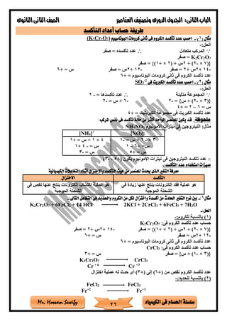 ‫فى‬ ‫احلسام‬ ‫سلسلة‬‫الكيمياء‬Mr. Hossam Sewify
‫الثانى‬‫الباب‬:‫العناصر‬‫وتصنيف‬ ‫الدورى‬‫اجلدول‬‫الثانوى‬‫الثانى‬‫الصف‬
26
‫التأكسد‬ ‫أعداد‬ ‫حساب‬ ‫طريقة‬
‫مثال‬(1:)-‫البوتاسيوم‬ ‫كرومات‬ ‫ثانى‬ ‫فى‬ ‫الكروم‬ ‫تأكسد‬ ‫عدد‬ ‫احسب‬)7O2Cr2(K
:‫الحل‬-
‫متعادل‬ ‫المركب‬‫صفر‬ = ‫تأكسده‬ ‫عدد‬
7O2Cr2K‫صفر‬ =
({7×-2+ )2( + ‫س‬2+ ×1‫صفر‬ = })
-14+2+ ‫س‬2‫صفر‬ =-12+2‫صفر‬ = ‫س‬+ = ‫س‬6
+ = ‫البوتاسيوم‬ ‫كرومات‬ ‫ثانى‬ ‫فى‬ ‫الكروم‬ ‫تأكسد‬ ‫عدد‬6
‫مثال‬(2:)-‫فى‬ ‫الكربيت‬ ‫تأكسد‬ ‫عدد‬ ‫احسب‬2-
3SO
:‫الحل‬-
‫ال‬‫متأينة‬ ‫مجموعة‬= ‫تأكسدها‬ ‫عدد‬-2
({3×-2= }‫س‬ + )-2-6= ‫س‬ +-2
= ‫س‬6–2+ =4
+ = ‫الكبريتيت‬ ‫مجموعة‬ ‫فى‬ ‫الكبريت‬ ‫تأكسد‬ ‫عدد‬4
:‫ملحوظة‬:‫املركب‬ ‫نفس‬ ‫فى‬ ‫تأكسد‬ ‫حالة‬ ‫من‬ ‫أكثر‬ ‫الواحد‬ ‫للعنصر‬ ‫يكون‬ ‫قد‬
‫األمونيوم‬ ‫نيترات‬ ‫فى‬ ‫النيتروجين‬ :‫مثال‬3NO4NH
[NO3]-
[NH4]+
3×-2= ‫س‬ +-1
+ =‫س‬6–1
+ = ‫س‬5
4×1+ = ‫س‬ +1
= ‫س‬-4+1
= ‫س‬-3
∴‫النيتروج‬ ‫تأكسد‬ ‫عدد‬+( ‫يكون‬ ‫األمونيوم‬ ‫نيترات‬ ‫فى‬ ‫ين‬5،-3)
:‫التأكسد‬ ‫عدد‬ ‫استخدام‬ ‫مميزات‬-
‫الكيميائية‬ ‫التفاعالت‬ ‫أثناء‬ ‫واالختزال‬ ‫التأكسد‬ ‫حيث‬ ‫من‬ ‫للعنصر‬ ‫حيدث‬ ‫الذى‬ ‫التغري‬ ‫معرفة‬
‫التأكسد‬‫االختزال‬
‫فى‬ ‫زيادة‬ ‫عنها‬ ‫ينتج‬ ‫إلكترونات‬ ‫فقد‬ ‫عملية‬ ‫هو‬
‫الموجبة‬ ‫الشحنة‬
‫ينتج‬ ‫إلكترونات‬ ‫اكتساب‬ ‫عملية‬ ‫هو‬‫فى‬ ‫نقص‬ ‫عنها‬
‫الموجبة‬ ‫الشحنة‬
‫مثال‬1:-:‫التاىل‬ ‫التفاعل‬ ‫فى‬ ‫واحلديد‬ ‫الكروم‬ ‫من‬ ‫لكل‬ ‫واختزال‬ ‫أكسدة‬ ‫من‬ ‫احلادث‬ ‫التغري‬ ‫نوع‬ ‫بني‬-
K2Cr2O7 + 6FeCl2 + 14 HCl 2KCl + 2CrCl3 + 6FeCl3 + 7H2O
:‫احلل‬-
(1:‫للكروم‬ ‫بالنسبة‬ )-
:‫فى‬ ‫الكروم‬ ‫تأكسد‬ ‫عدد‬ ‫حساب‬7O2Cr2K
({7×-2+ )2( + ‫س‬2+ ×1‫صفر‬ = })-14+2+ ‫س‬2‫صفر‬ =
-12+2‫صفر‬ = ‫س‬+ = ‫س‬6
+ = ‫البوتاسيوم‬ ‫كرومات‬ ‫ثانى‬ ‫فى‬ ‫الكروم‬ ‫تأكسد‬ ‫عدد‬6
:‫فى‬ ‫الكروم‬ ‫تأكسد‬ ‫عدد‬ ‫حساب‬3CrCl
({3×-1‫صفر‬ = }‫س‬ + )+ = ‫س‬3
K2Cr2O7 CrCl3
Cr + 6
Cr +3
+( ‫من‬ ‫نقص‬ ‫الكروم‬ ‫تأكسد‬ ‫عدد‬6‫إ‬ )+( ‫لى‬3‫اختزال‬ ‫عملية‬ ‫له‬ ‫حدث‬ ‫أى‬ )
(2:‫للحديد‬ ‫بالنسبة‬ )-
FeCl2 FeCl3
Fe+2
Fe+3
 