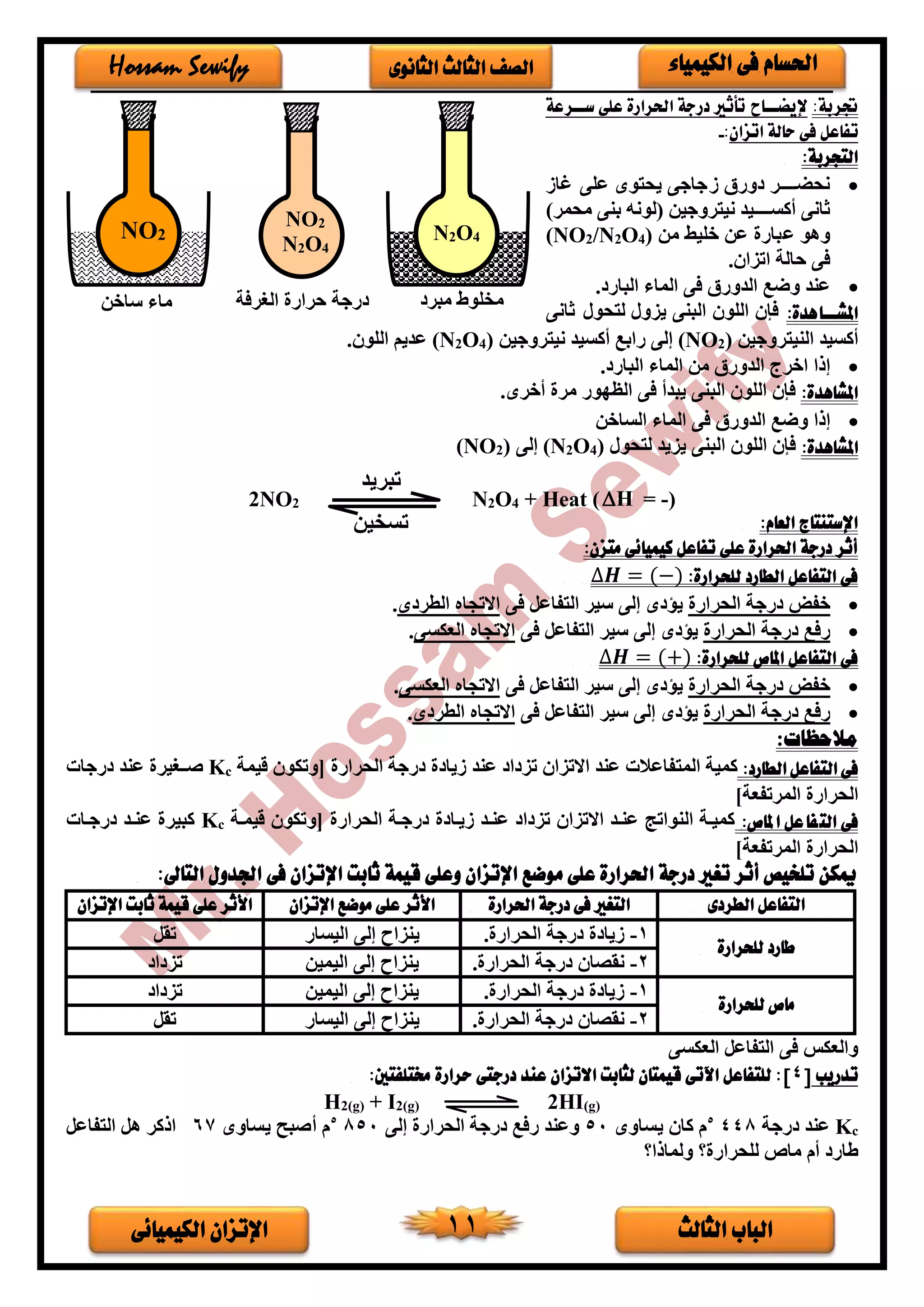 ‫الثالث‬ ‫الباب‬‫الكيميائى‬ ‫اإلتزان‬ 11
‫الكيمياء‬ ‫فى‬ ‫احلسام‬‫الثانوى‬ ‫الثالث‬ ‫الصف‬Hossam Sewify
:‫جتربة‬‫ارعة‬‫ا‬‫سا‬ ‫على‬ ‫احلرارة‬ ‫درجة‬ ‫تأثري‬ ‫ااأ‬‫ا‬‫إليضا‬
‫تفاعل‬‫اتزان‬ ‫حالة‬ ‫فى‬:-
:‫التجربة‬
•‫غاف‬ ‫على‬ ‫يحتوى‬ ‫فجاجى‬ ‫ورق‬ ‫نحضخخخخخخر‬
)‫محمر‬ ‫بنى‬ ‫(لونه‬ ‫نيتروجين‬ ‫أكسخخخخخخيد‬ ‫ثانى‬
‫من‬ ‫خليط‬ ‫عن‬ ‫عبار‬ ‫وهو‬)4O2N/2(NO
‫اتزا‬ ‫حالة‬ ‫فى‬.
•. ‫البار‬ ‫الماء‬ ‫فى‬ ‫الدورق‬ ‫وضع‬ ‫عند‬
:‫ااهدة‬‫ا‬‫املشا‬‫ثانى‬ ‫لتحور‬ ‫يزور‬ ‫البنى‬ ‫اللو‬ ‫فإ‬
‫النيتروجين‬ ‫أكسيد‬)2(NO‫نيتروجين‬ ‫أكسيد‬ ‫رابع‬ ‫إلى‬)4O2(N. ‫اللو‬ ‫عديم‬
•. ‫البار‬ ‫الماء‬ ‫من‬ ‫الدورق‬ ‫اخرج‬ ‫إذا‬
:‫املشاهدة‬.‫أخرى‬ ‫مر‬ ‫الظدور‬ ‫فى‬ ‫يبدأ‬ ‫البنى‬ ‫اللو‬ ‫فإ‬
•‫الساخن‬ ‫الماء‬ ‫فى‬ ‫الدورق‬ ‫وضع‬ ‫إذا‬
:‫املشاهدة‬‫يزيد‬ ‫البنى‬ ‫اللو‬ ‫فإ‬‫ل‬‫تحور‬)4O2(N‫إلى‬)2(NO
2NO2 N2O4 + Heat ( H = -)
:‫العام‬ ‫اإلستنتاج‬
:‫متزن‬ ‫كيميائى‬ ‫تفاعل‬ ‫على‬ ‫احلرارة‬ ‫درجة‬ ‫أثر‬
:‫للحرارة‬ ‫الطارد‬ ‫التفاعل‬ ‫فى‬∆𝑯 = (−)
•‫الحرار‬ ‫رجة‬ ‫خفض‬‫فى‬ ‫التفاعل‬ ‫سير‬ ‫إلى‬ ‫ى‬ ‫ي‬‫االت‬‫ى‬ ‫الطر‬ ‫جاه‬.
•‫الحرار‬ ‫رجة‬ ‫رفع‬‫فى‬ ‫التفاعل‬ ‫سير‬ ‫إلى‬ ‫ى‬ ‫ي‬‫العكسى‬ ‫االتجاه‬.
:‫للحرارة‬ ‫املاص‬ ‫التفاعل‬ ‫فى‬∆𝑯 = (+)
•‫الحرار‬ ‫رجة‬ ‫خفض‬‫فى‬ ‫التفاعل‬ ‫سير‬ ‫إلى‬ ‫ى‬ ‫ي‬‫العكسى‬ ‫االتجاه‬.
•‫الحرار‬ ‫رجة‬ ‫رفع‬‫فى‬ ‫التفاعل‬ ‫سير‬ ‫إلى‬ ‫ى‬ ‫ي‬‫ى‬ ‫الطر‬ ‫االتجاه‬.
‫مالحظات‬:
:‫الطارد‬ ‫التفاعل‬ ‫فى‬‫المت‬ ‫كمية‬‫قيمة‬ ‫[وتكو‬ ‫الحرار‬ ‫رجة‬ ‫فيا‬ ‫عند‬ ‫ا‬ ‫تز‬ ‫االتزا‬ ‫عند‬ ‫فاعالت‬cK‫رجات‬ ‫عند‬ ‫خخغير‬‫خ‬‫ص‬
]‫المرتفعة‬ ‫الحرار‬
:‫ملاص‬‫ا‬ ‫عل‬‫فا‬‫الت‬ ‫فى‬‫خة‬‫خ‬‫قيم‬ ‫[وتكو‬ ‫الحرار‬ ‫خة‬‫خ‬‫رج‬ ‫خا‬‫خ‬‫في‬ ‫خد‬‫خ‬‫عن‬ ‫ا‬ ‫تز‬ ‫االتزا‬ ‫خد‬‫خ‬‫عن‬ ‫النواتج‬ ‫خة‬‫خ‬‫كمي‬cK‫خات‬‫خ‬‫رج‬ ‫خد‬‫خ‬‫عن‬ ‫كبير‬
]‫المرتفعة‬ ‫الحرار‬
‫م‬ ‫على‬ ‫احلرارة‬ ‫درجة‬ ‫تغري‬ ‫أثر‬ ‫تلخيص‬ ‫ميكن‬:‫التاىل‬ ‫اجلدول‬ ‫فى‬ ‫اإلتزان‬ ‫ثابت‬ ‫قيمة‬ ‫وعلى‬ ‫اإلتزان‬ ‫وضع‬
‫الطردى‬ ‫التفاعل‬‫احلرارة‬ ‫درجة‬ ‫فى‬ ‫التغري‬‫اإلتزان‬ ‫موضع‬ ‫على‬ ‫األثر‬‫اإلتزان‬ ‫ثابت‬ ‫قيمة‬ ‫على‬ ‫األثر‬
‫للحرارة‬ ‫طارد‬
1-. ‫الحرار‬ ‫رجة‬ ‫فيا‬‫اليسار‬ ‫إلى‬ ‫ينزاح‬‫تقل‬
2-. ‫الحرار‬ ‫رجة‬ ‫نقصا‬‫اليمين‬ ‫إلى‬ ‫ينزاح‬‫ا‬ ‫تز‬
‫للح‬ ‫ماص‬‫رارة‬
1-. ‫الحرار‬ ‫رجة‬ ‫فيا‬‫اليمين‬ ‫إلى‬ ‫ينزاح‬‫ا‬ ‫تز‬
2-. ‫الحرار‬ ‫رجة‬ ‫نقصا‬‫اليسار‬ ‫إلى‬ ‫ينزاح‬‫تقل‬
‫العكسى‬ ‫التفاعل‬ ‫فى‬ ‫والعكس‬
‫تدريب‬[4]:‫خمتلفتني‬ ‫حرارة‬ ‫درجتى‬ ‫عند‬ ‫االتزان‬ ‫لثابت‬ ‫قيمتان‬ ‫اآلتى‬ ‫للتفاعل‬ :
H2(g) + I2(g) 2HI(g)
cK‫رجة‬ ‫عند‬4485
‫كا‬ ‫م‬‫يساوى‬50‫و‬‫عند‬‫رفع‬‫رجة‬‫الحرار‬‫إلى‬8505
‫م‬‫أصبح‬‫يساوى‬67‫التفاعل‬ ‫هل‬ ‫اذكر‬
‫ولماذا؟‬ ‫؟‬ ‫للحرار‬ ‫ماص‬ ‫أم‬ ‫طار‬
NO2
N2O4
N2O4NO2
‫مخل‬‫مبر‬ ‫وط‬‫ساخن‬ ‫ماء‬ ‫الغرفة‬ ‫حرار‬ ‫رجة‬
‫تبريد‬
‫تسخين‬
 