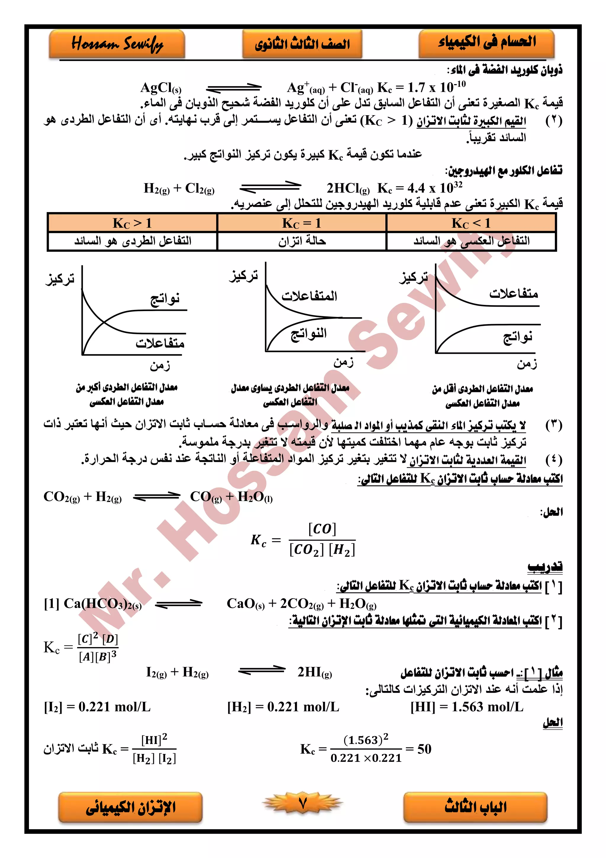 ‫الثالث‬ ‫الباب‬‫الكيميائى‬ ‫اإلتزان‬ 7
‫الكيمياء‬ ‫فى‬ ‫احلسام‬‫الثانوى‬ ‫الثالث‬ ‫الصف‬Hossam Sewify
:‫املاء‬ ‫فى‬ ‫الفضة‬ ‫كلوريد‬ ‫ذوبان‬
AgCl(s) Ag+
(aq) + Cl-
(aq) Kc = 1.7 x 10-10
‫قيمة‬cK‫تعنى‬ ‫الصغير‬‫التفاعل‬ ‫أ‬‫السابق‬‫أ‬ ‫على‬ ‫تدر‬‫الفضة‬ ‫كلوريد‬‫ا‬ ‫شحيح‬.‫الماء‬ ‫فى‬ ‫لذوبا‬
(2)‫االتزان‬ ‫لثابت‬ ‫الكبرية‬ ‫القيم‬(1>CK‫ت‬ )‫أ‬ ‫عنى‬‫ندايته‬ ‫قرب‬ ‫إلى‬ ‫يسخخخخخختمر‬ ‫التفاعل‬‫هو‬ ‫ى‬ ‫الطر‬ ‫التفاعل‬ ‫أ‬ ‫أى‬ .
ً‫ا‬‫تقريب‬ ‫د‬ ‫السا‬.
‫قيمة‬ ‫تكو‬ ‫عندما‬cK‫كبير‬.‫كبير‬ ‫النواتج‬ ‫تركيز‬ ‫يكو‬
:‫اهليدروجني‬ ‫مع‬ ‫الكلور‬ ‫تفاعل‬
H2(g) + Cl2(g) 2HCl(g) Kc = 4.4 x 1032
‫قيمة‬cK.‫عنصريه‬ ‫إلى‬ ‫للتحلل‬ ‫الديدروجين‬ ‫كلوريد‬ ‫قابلية‬ ‫عدم‬ ‫تعنى‬ ‫الكبير‬
KC < 1KC = 1KC > 1
‫د‬ ‫السا‬ ‫هو‬ ‫العكسى‬ ‫التفاعل‬‫اتزا‬ ‫حالة‬‫د‬ ‫السا‬ ‫هو‬ ‫ى‬ ‫الطر‬ ‫التفاعل‬
(3)‫املاء‬ ‫تركيز‬ ‫يكتب‬ ‫ال‬‫كمذيب‬ ‫النقى‬‫صلبة‬ ‫ال‬ ‫املواد‬ ‫أو‬‫خخب‬‫خ‬‫والرواس‬‫خخاب‬‫خ‬‫حس‬ ‫لة‬ ‫معا‬ ‫فى‬‫االتزا‬ ‫ثابت‬‫ذات‬ ‫تعتبر‬ ‫أندا‬ ‫حيث‬
‫كميتدا‬ ‫اختلفت‬ ‫مدما‬ ‫عام‬ ‫بوجه‬ ‫ثابت‬ ‫تركيز‬‫تت‬ ‫ال‬ ‫قيمته‬ ‫أل‬‫ملموسة‬ ‫بدرجة‬ ‫غير‬.
(4)‫االتزان‬ ‫لثابت‬ ‫العددية‬ ‫القيمة‬‫الن‬ ‫أو‬ ‫المتفاعلة‬ ‫الموا‬ ‫تركيز‬ ‫بتغير‬ ‫تتغير‬ ‫ال‬. ‫الحرار‬ ‫رجة‬ ‫نفس‬ ‫عند‬ ‫اتجة‬
‫االتزان‬ ‫ثابت‬ ‫حساب‬ ‫معادلة‬ ‫اكتب‬cK:‫التاىل‬ ‫للتفاعل‬
CO2(g) + H2(g) CO(g) + H2O(l)
:‫احلل‬
𝑲 𝒄 =
[𝑪𝑶]
[𝑪𝑶 𝟐] [𝑯 𝟐]
‫تدريب‬
[1]‫االتزان‬ ‫ثابت‬ ‫حساب‬ ‫معادلة‬ ‫اكتب‬cK:‫التاىل‬ ‫للتفاعل‬
[1] Ca(HCO3)2(s) CaO(s) + 2CO2(g) + H2O(g)
[2]‫اكتب‬:‫التالية‬ ‫اإلتزان‬ ‫ثابت‬ ‫معادلة‬ ‫متثلها‬ ‫التى‬ ‫الكيميائية‬ ‫املعادلة‬
Kc =
[𝑪] 𝟐 [𝑫]
[𝑨][𝑩] 𝟑
‫مثال‬[1]:-‫للتفاعل‬ ‫االتزان‬ ‫ثابت‬ ‫احسب‬(g)HI2(g)2+ H(g)2I
‫أن‬ ‫علمت‬ ‫إذا‬‫ه‬‫االتزا‬ ‫عند‬‫ال‬‫تركيزات‬:‫كالتالى‬
[I2] = 0.221 mol/L [H2] = 0.221 mol/L [HI] = 1.563 mol/L
‫احلل‬
‫االتزا‬ ‫ثابت‬ Kc =
[𝐇𝐈] 𝟐
[𝐇 𝟐] [𝐈 𝟐]
Kc =
(𝟏.𝟓𝟔𝟑) 𝟐
𝟎.𝟐𝟐𝟏 ×𝟎.𝟐𝟐𝟏
= 50
‫تركيز‬
‫فمن‬
‫المتفاعالت‬
‫النواتج‬
‫تركيز‬
‫فمن‬
‫متفاعالت‬
‫نواتج‬
‫تركيز‬
‫فمن‬
‫متفاعالت‬
‫نواتج‬
‫من‬ ‫أقل‬ ‫الطردى‬ ‫التفاعل‬ ‫معدل‬
‫العكسى‬ ‫التفاعل‬ ‫معدل‬
‫من‬ ‫أكرب‬ ‫الطردى‬ ‫التفاعل‬ ‫معدل‬
‫العكسى‬ ‫التفاعل‬ ‫معدل‬
‫معدل‬ ‫يساوى‬ ‫الطردى‬ ‫التفاعل‬ ‫معدل‬
‫العكسى‬ ‫التفاعل‬
 