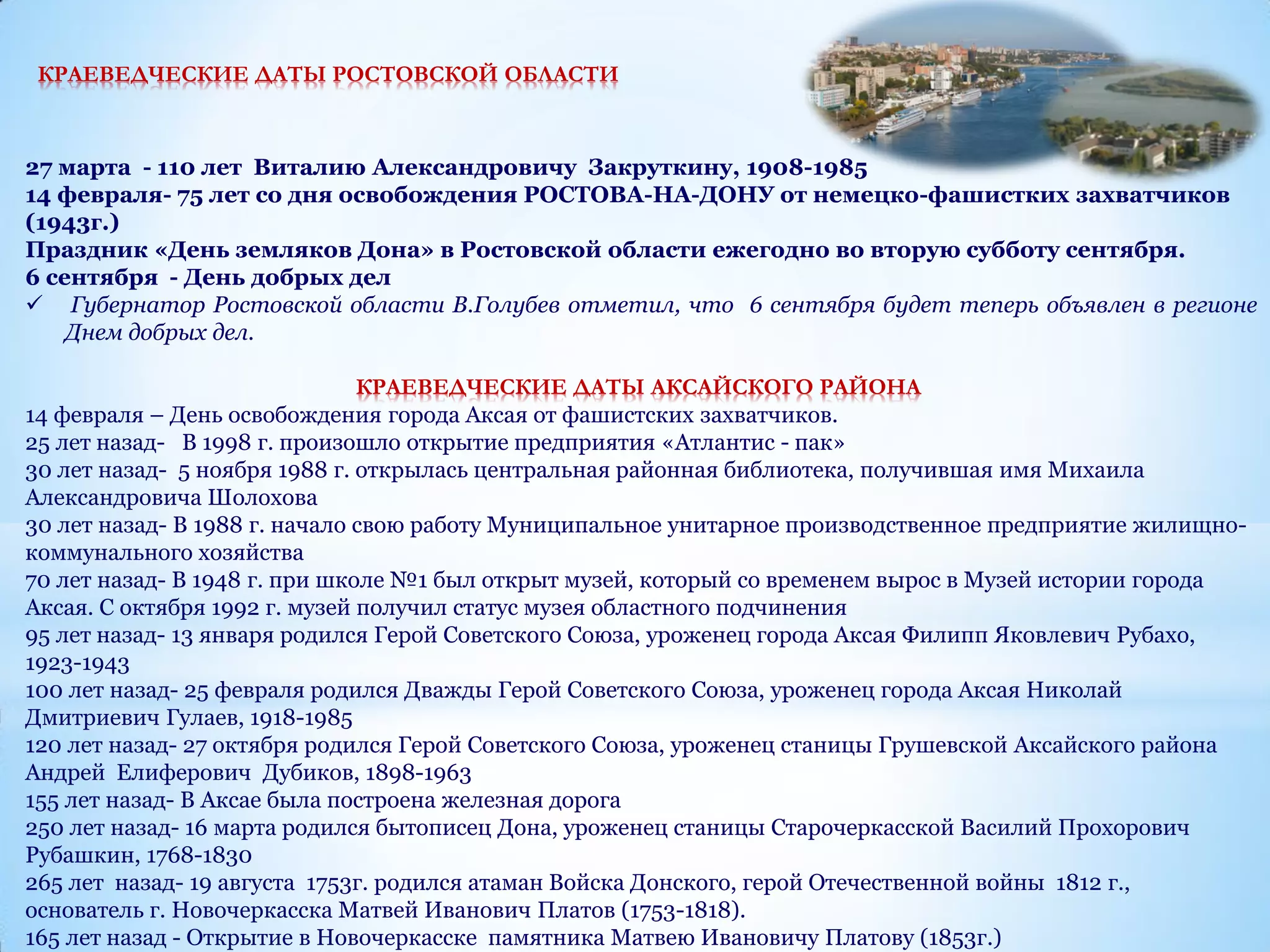 КРАЕВЕДЧЕСКИЕ ДАТЫ РОСТОВСКОЙ ОБЛАСТИ
27 марта - 110 лет Виталию Александровичу Закруткину, 1908-1985
14 февраля- 75 лет со дня освобождения РОСТОВА-НА-ДОНУ от немецко-фашистких захватчиков
(1943г.)
Праздник «День земляков Дона» в Ростовской области ежегодно во вторую субботу сентября.
6 сентября - День добрых дел
 Губернатор Ростовской области В.Голубев отметил, что 6 сентября будет теперь объявлен в регионе
Днем добрых дел.
КРАЕВЕДЧЕСКИЕ ДАТЫ АКСАЙСКОГО РАЙОНА
14 февраля – День освобождения города Аксая от фашистских захватчиков.
25 лет назад- В 1998 г. произошло открытие предприятия «Атлантис - пак»
30 лет назад- 5 ноября 1988 г. открылась центральная районная библиотека, получившая имя Михаила
Александровича Шолохова
30 лет назад- В 1988 г. начало свою работу Муниципальное унитарное производственное предприятие жилищно-
коммунального хозяйства
70 лет назад- В 1948 г. при школе №1 был открыт музей, который со временем вырос в Музей истории города
Аксая. С октября 1992 г. музей получил статус музея областного подчинения
95 лет назад- 13 января родился Герой Советского Союза, уроженец города Аксая Филипп Яковлевич Рубахо,
1923-1943
100 лет назад- 25 февраля родился Дважды Герой Советского Союза, уроженец города Аксая Николай
Дмитриевич Гулаев, 1918-1985
120 лет назад- 27 октября родился Герой Советского Союза, уроженец станицы Грушевской Аксайского района
Андрей Елиферович Дубиков, 1898-1963
155 лет назад- В Аксае была построена железная дорога
250 лет назад- 16 марта родился бытописец Дона, уроженец станицы Старочеркасской Василий Прохорович
Рубашкин, 1768-1830
265 лет назад- 19 августа 1753г. родился атаман Войска Донского, герой Отечественной войны 1812 г.,
основатель г. Новочеркасска Матвей Иванович Платов (1753-1818).
165 лет назад - Открытие в Новочеркасске памятника Матвею Ивановичу Платову (1853г.)
 