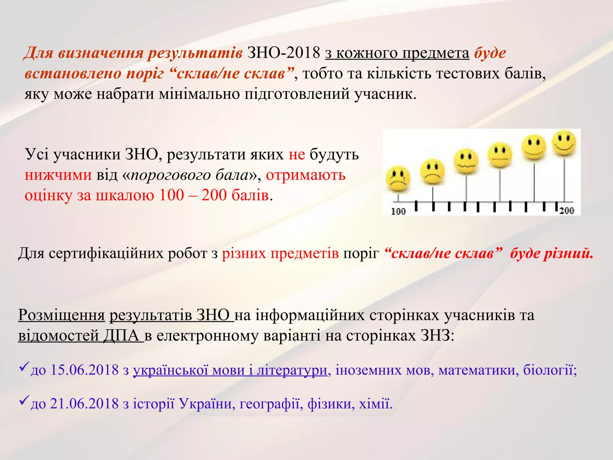 Для сертифікаційних робот з різних предметів поріг “склав/не склав” буде різний.
Усі учасники ЗНО, результати яких не будуть
нижчими від «порогового бала», отримають
оцінку за шкалою 100 – 200 балів.
Для визначення результатів ЗНО-2018 з кожного предмета буде
встановлено поріг “склав/не склав”, тобто та кількість тестових балів,
яку може набрати мінімально підготовлений учасник.
Розміщення результатів ЗНО на інформаційних сторінках учасників та
відомостей ДПА в електронному варіанті на сторінках ЗНЗ:
до 15.06.2018 з української мови і літератури, іноземних мов, математики, біології;
до 21.06.2018 з історії України, географії, фізики, хімії.
 
