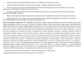 • педагогічний проект «Обдарованідіти» (замовник – ТатарбунарськаРДА, відділ освіти);
• соціально-педагогічнийпроект «Лідер освіти» (замовник – районна державна адміністрація);
• психолого-педагогічнийпроект«Моделювання індивідуальної траєкторії розвиткуучня» (замовник – заступники
директорів по виховній роботі, практичні психологишкіл);
• комплексно-цільова програма«Урокна основіособистісно зорієнтованого,компетентнісного підходу» (замовник –
керівники РМО, ШМО, педагоги);
• Реалізація Програминаціонально-патріотичного виховання, Діти Татарбунарщини протирізних проявів насильства.
• Програмареалізації єдиної науково-методичноїпроблемноїтеми: «Розвитокпрофесійноїкомпетентності педагогаяк
умова забезпечення розвиткуособистості компетеного випускника»;
Було заплановано і проведено ІУ засідання. Проведення засідань сприяло підвищенню теоретичного рівня педагогічних
кадрів, розширенню їхнього світогляду, допомагало отримати необхідні знання для втілення педагогічних стратегій розвитку
гармонійної особистості, сприяло запровадженню інтерактивних методик у виховний процес та активних форм і видів діяльності.
Робота методичного об’єднання класних керівників спрямована на формування умінь вчителів плідно працювати з учнями,
враховуючи інтереси й запити самих школярів, індивідуальний підхід у виховній роботі, охоплює питання планування, організації
та аналізу ефективності виховного процесу, різноманітних засобів навчання. Важливим завданням виховної роботи є
впровадження нових підходів, виховних систем, форм і методів виховання, які б відповідали потребам розвитку творчої
особистості, сприяли розкриттю її талантів, духовно-емоційних, інтелектуальних і фізичних здібностей. Методичну роботу з
педагогами сконцентровано навирішенні проблемного питання: вивчення історії рідного краю, ознайомлення учнів з культурною
спадщиною українського народу, з народними традиціями формування в учнів кращих якостей національного характеру,
виховання громадянина України; використання сучасних інформаційних технологій в управлінській діяльності, та навчально –
виховному процесі в школі. Виховний процес здійснювали 11 класних керівників, педагог-організатор, заступник директора з
навчально-виховної роботи, практичний психолог. З них вищу освіту мають 12, середню спеціальну – 1.Класні керівники
спланували роботу у відповідності до плану роботи школи, затвердженого радою школи протокол №1 від 04.09.2015. З огляду на
можливості НВК,виховний процес було спрямовано на виконання таких завдань:
· створення умов для розумового, духовного, морального, фізичного розвитку учнів;
· турбота про здоров'я учнів, пропаганда здорового способу життя;
 