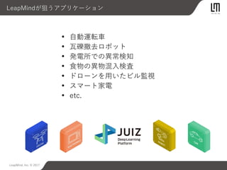 LeapMind, Inc. © 2017
LeapMindが狙うアプリケーション
• 自動運転車
• 瓦礫撤去ロボット
• 発電所での異常検知
• 食物の異物混入検査
• ドローンを用いたビル監視
• スマート家電
• etc.
 