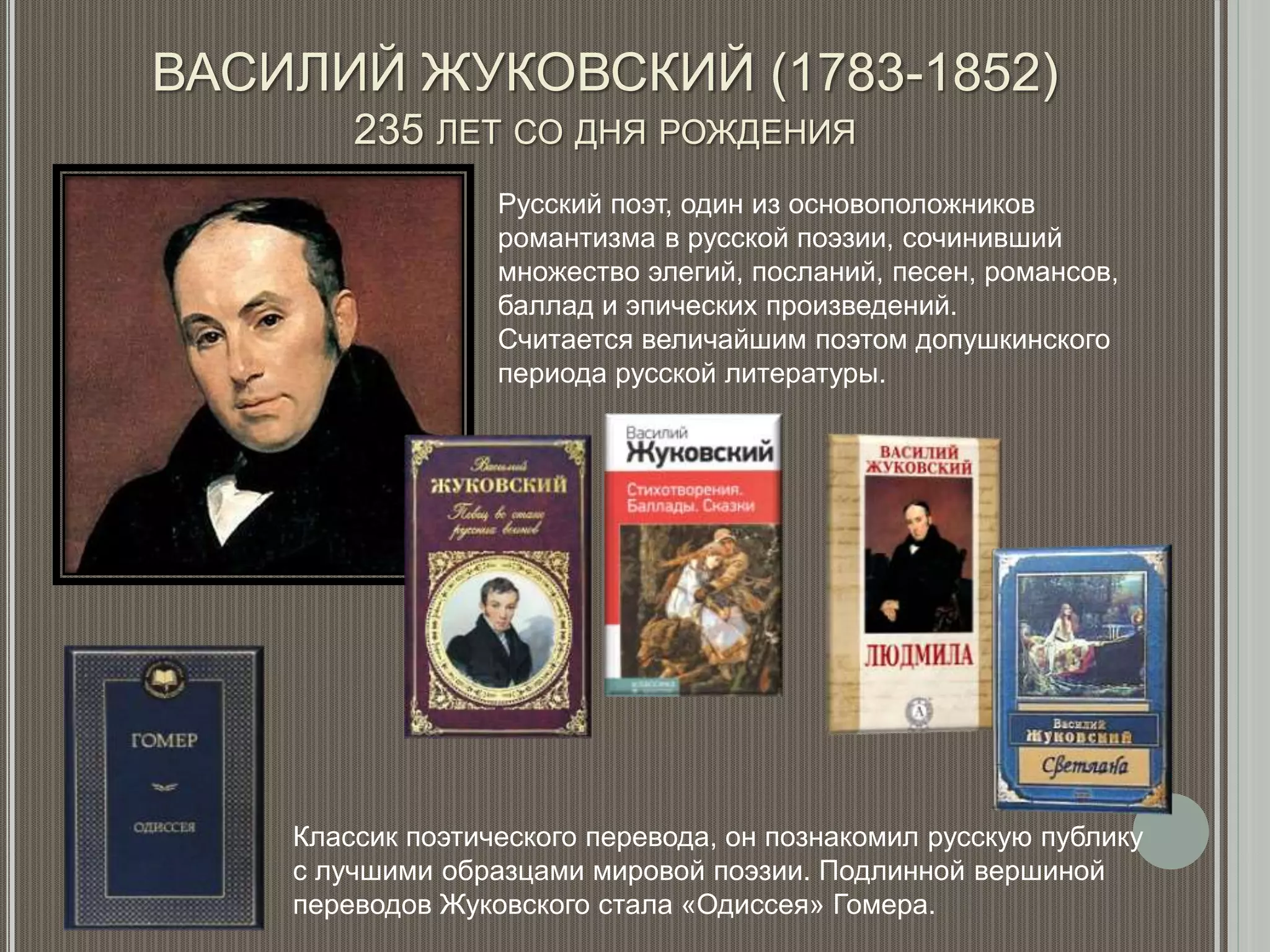 ВАСИЛИЙ ЖУКОВСКИЙ (1783-1852)
235 ЛЕТ СО ДНЯ РОЖДЕНИЯ
Русский поэт, один из основоположников
романтизма в русской поэзии, сочинивший
множество элегий, посланий, песен, романсов,
баллад и эпических произведений.
Считается величайшим поэтом допушкинского
периода русской литературы.
Классик поэтического перевода, он познакомил русскую публику
с лучшими образцами мировой поэзии. Подлинной вершиной
переводов Жуковского стала «Одиссея» Гомера.
 