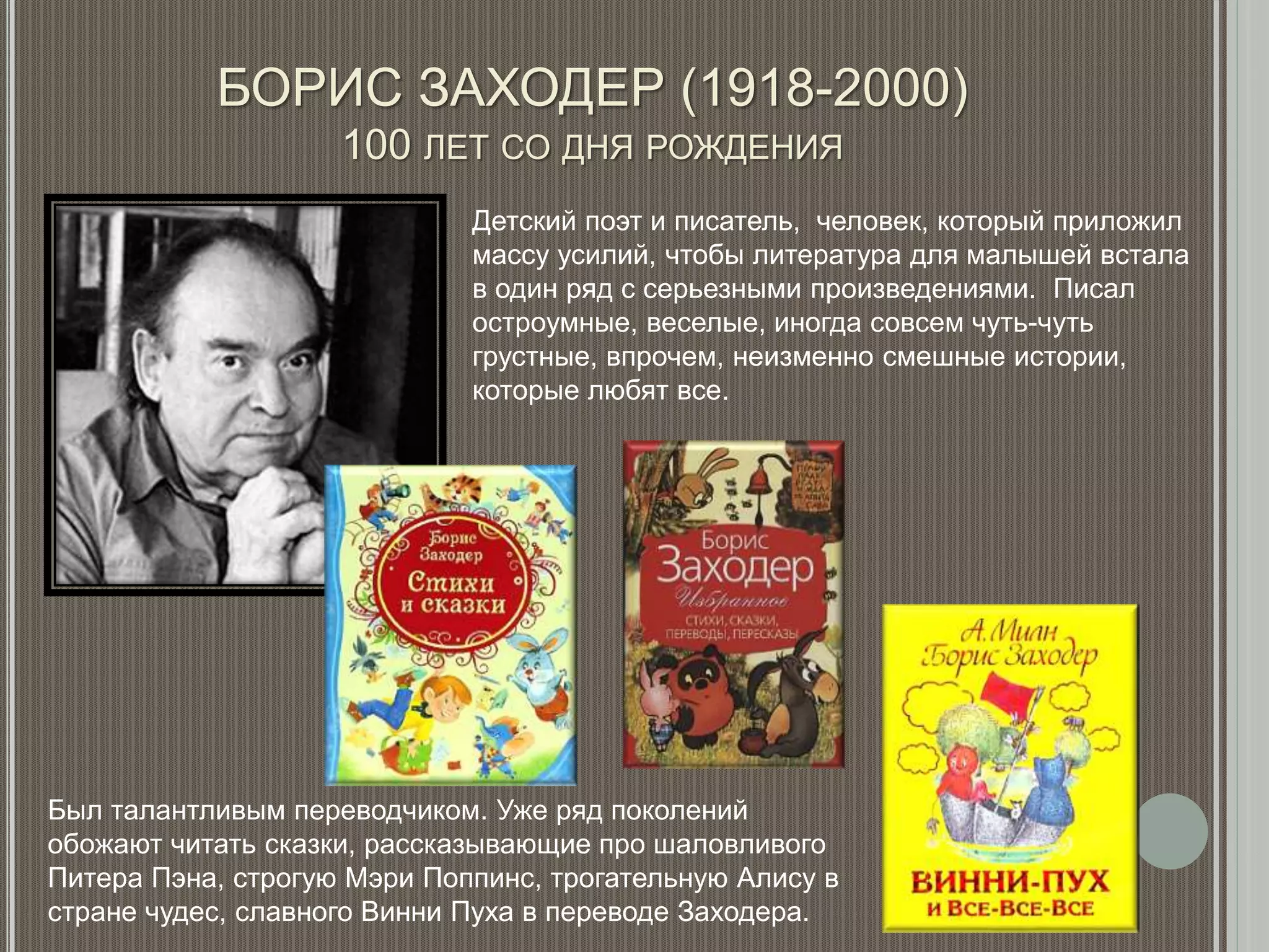 БОРИС ЗАХОДЕР (1918-2000)
100 ЛЕТ СО ДНЯ РОЖДЕНИЯ
Детский поэт и писатель, человек, который приложил
массу усилий, чтобы литература для малышей встала
в один ряд с серьезными произведениями. Писал
остроумные, веселые, иногда совсем чуть-чуть
грустные, впрочем, неизменно смешные истории,
которые любят все.
Был талантливым переводчиком. Уже ряд поколений
обожают читать сказки, рассказывающие про шаловливого
Питера Пэна, строгую Мэри Поппинс, трогательную Алису в
стране чудес, славного Винни Пуха в переводе Заходера.
 