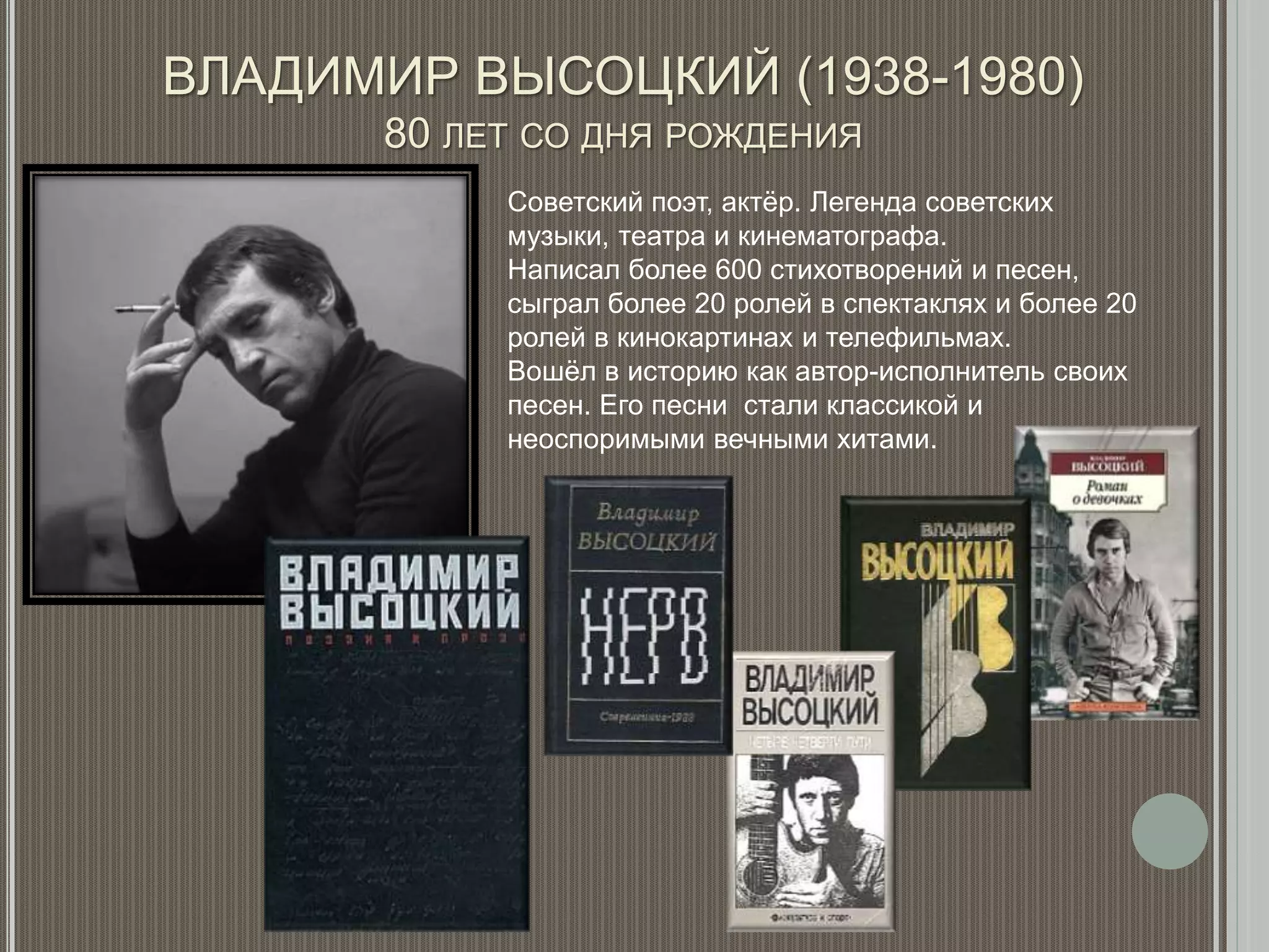 ВЛАДИМИР ВЫСОЦКИЙ (1938-1980)
80 ЛЕТ СО ДНЯ РОЖДЕНИЯ
Советский поэт, актёр. Легенда советских
музыки, театра и кинематографа.
Написал более 600 стихотворений и песен,
сыграл более 20 ролей в спектаклях и более 20
ролей в кинокартинах и телефильмах.
Вошёл в историю как автор-исполнитель своих
песен. Его песни стали классикой и
неоспоримыми вечными хитами.
 