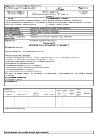 Одделенски наставник: Бране Аризановски
Наставен предмет: македонски јазик дата:
29.01.2018.
Одделение:
I 2
Програмско подрачје:
Слушање и говорење
Наставна содржина:
Прераскажување на басната “Штурецот и
мравката”
Тип на час:
вежби
ЦЕЛИ:
да ја запознаат, восприемат и доживеат содржината; да го
изразат емоционалното доживување преку забележување
на настаните и ликовите и нивните особини
ОЧЕКУВАНИ РЕЗУЛТАТИ:
ја знаат и доживуваат содржината; го изразуваат
емоционалното доживување преку забележување на настаните
и ликовите и нивните особини
Наставни форми: фронтална, индивидална работа, заедничка работа;
Наставни методи: разговор, игра, прашања и одговори;
Наставни средства: прибор за работа, учебник, компјутер,
Место на реализација: училница
Постапки за следење на
учениците:
набљудување, прашања и одговори, водење белешки;
Оценување Учениците меѓусебно се оценуваат
ТЕК НА ЧАСОТ
АКТИВНОСТИ НА НАСТАВНИКОТ И УЧЕНИЦИТЕ
Воведни активности:
Разговор за животните - истакнување на целта на часот
Учечко-поучувачка активност:
Уметничка интерпретација на текстот – техника: ,,наставникот чита на глас,, Индивидуално искажување:
- изразување на непосредното доживување од содржината на текстот
Поттикнување и насочување на дискусијата за содржината на текстот:
- анализа по систем прашања - одговори
Одговарање на прашањата во врска со содржината:
- ликови, нивни постапки (позитивни или негативни), особини
- воочување на редоследот на настаните
- воочување на временската локација на настаните
Следење на искажувањата на учениците, поттикнување и насочување на дискусијата, водење
забелешки
Евалуативни активности:
Илустрација на текстот
РЕФЛЕКСИЈА
Содржина на
домашната задача
Обем на
домашн
ата
задача
Препо
рачлив
о
време
Техноло
шка
подршк
а
Давање
на
повратна
информа
ција
Улогата на
семејството
Општа цел Дидактичка цел
Техника на
изработување
Број на учесници
Целта од зададената домашна задача
Одделенски наставник: Бране Аризановски
Опиши го рељефот на Република Македонија
Продолжување
на работата од
часот
Да го увежбува
пишувањето
Писмена домашна
работа
Индивидуалн
а работа
Да напише
5 реченици
10 – 15
минути
учебникписменаКонтрола на
изработената
домашна работа
Ученикот да се оспособи да разликува релјеф според картографски бои
 