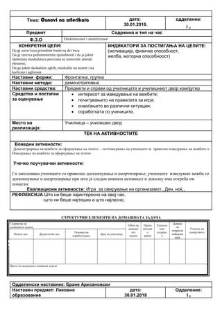 Тема: Osnovi na atletikata дата:
30.01.2018.
одделение:
I 2
Предмет Содржина и тип на час
Ф.З.О Doskonuvawe i amortizirawe
КОНКРЕТНИ ЦЕЛИ:
Da gi usovr{uva prirodnite formi na dvi`ewa;
Da gi razviva psihomotornite sposobnosti i da ja jakne
skeletnata muskulatura povrzana so osnovnite atletski
elementi;
Da go jakne skokalniot zglob, muskulite na nozete i na
karlicata i agilnosta
ИНДИКАТОРИ ЗА ПОСТИГАЊА НА ЦЕЛИТЕ:
(мотивација, физичка способност,
желба, моторна способноост)
Наставни форми: Фронтална, групна
Наставни методи: демонстративна
Наставни средства: Предмети и справи од училницата и училишниот двор компјутер
Средства и постапки
за оценување
• интересот за изведување на вежбите;
• почитувањето на правилата за игра;
• снаоѓањето во различни ситуации;
• соработката со учениците.
Место на
реализација:
Училница – училишен двор
ТЕК НА АКТИВНОСТИТЕ
Воведни активности:
Демонстрирање на вежбите за оформување на телото - поттикнување на учениците за правилно изведување на вежбите и
Изведување на вежбите за оформување на телото
Учечко поучувачки активности:
Ги запознавам учениците со правилно доскокнување и амортизирање; учениците изведуваат вежби со
доскокнување и амортизирање при што ја следам нивната активност и доколку има потреба им
помагам
Евалвациони активности: Игра за смирување на организамот,, Ден, ноќ,,
РЕФЛЕКСИЈА Што ни беше најинтересно на овој час.
-што ни беше најтешко а што најлесно.
СТРУКТУРНИ ЕЛЕМЕНТИ НА ДОМАШНАТА ЗАДАЧА
Содржина на
домашната задача
Обем на
домашн
ата
задача
Препо
рачлив
о
време
Техноло
шка
подршк
а
Давање
на
повратна
информа
ција
Улогата на
семејството
Општа цел Дидактичка цел
Техника на
изработување
Број на учесници
Целта од зададената домашна задача
Одделенски наставник: Бране Аризановски
Наставен предмет: Ликовно
образование
дата:
30.01.2018
Одделение:
I 2
Опиши го рељефот на Република Македонија
Продолжување
на работата од
часот
Да го увежбува
пишувањето
Писмена домашна
работа
Индивидуалн
а работа
Да напише
5 реченици
10 – 15
минути
учебникписменаКонтрола на
изработената
домашна работа
Ученикот да се оспособи да разликува релјеф според картографски бои
 