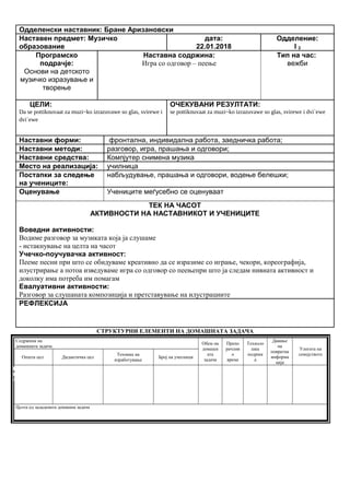 Одделенски наставник: Бране Аризановски
Наставен предмет: Музичко
образование
дата:
22.01.2018
Одделение:
I 2
Програмско
подрачје:
Основи на детското
музичко изразување и
творење
Наставна содржина:
Игра со одговор – пеење
Тип на час:
вежби
ЦЕЛИ:
Da se pottiknuvaat za muzi~ko izrazuvawe so glas, svirewe i
dvi`ewe
ОЧЕКУВАНИ РЕЗУЛТАТИ:
se pottiknuvaat za muzi~ko izrazuvawe so glas, svirewe i dvi`ewe
Наставни форми: фронтална, индивидална работа, заедничка работа;
Наставни методи: разговор, игра, прашања и одговори;
Наставни средства: Компјутер снимена музика
Место на реализација: училница
Постапки за следење
на учениците:
набљудување, прашања и одговори, водење белешки;
Оценување Учениците меѓусебно се оценуваат
ТЕК НА ЧАСОТ
АКТИВНОСТИ НА НАСТАВНИКОТ И УЧЕНИЦИТЕ
Воведни активности:
Водиме разговор за музиката која ја слушаме
- истакнување на целта на часот
Учечко-поучувачка активност:
Пееме песни при што се обидуваме креативно да се изразиме со играње, чекори, кореографија,
илустрирање а потоа изведуваме игра со одговор со пеењепри што ја следам нивната активност и
доколку има потреба им помагам
Евалуативни активности:
Разговор за слушаната композиција и претставување на илустрациите
РЕФЛЕКСИЈА
СТРУКТУРНИ ЕЛЕМЕНТИ НА ДОМАШНАТА ЗАДАЧА
Содржина на
домашната задача
Обем на
домашн
ата
задача
Препо
рачлив
о
време
Техноло
шка
подршк
а
Давање
на
повратна
информа
ција
Улогата на
семејството
Општа цел Дидактичка цел
Техника на
изработување
Број на учесници
Целта од зададената домашна задача
Опиши го рељефот на Република Македонија
Продолжување
на работата од
часот
Да го увежбува
пишувањето
Писмена домашна
работа
Индивидуалн
а работа
Да напише
5 реченици
10 – 15
минути
учебникписменаКонтрола на
изработената
домашна работа
Ученикот да се оспособи да разликува релјеф според картографски бои
 