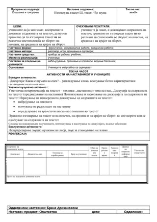 Програмско подрачје:
Слушање и говорење
Наставна содржина:
Изговор на гласот Ш, текст: “Во шума
Тип на час:
вежби
ЦЕЛИ:
учениците да ја запознаат, восприемат и
доживеат содржината на текстот; да научат
правилно да го изговараат гласот ш во
различна местоположба во зборот: на
почеток, на средина и на крајот на зборот
ОЧЕКУВАНИ РЕЗУЛТАТИ:
- учениците ја знаат, и доживуваат содржината на
текстот; правилно го изговараат гласот ш во
различна местоположба во зборот: на почеток, на
средина и на крајот на зборот.
Наставни форми: фронтална, индивидална работа, заедничка работа;
Наставни методи: разговор, игра, прашања и одговори;
Наставни средства: прибор за работа, учебник,
Место на реализација: училница
Постапки за следење на
учениците:
набљудување, прашања и одговори, водење белешки;
Оценување Учениците меѓусебно се оценуваат
ТЕК НА ЧАСОТ
АКТИВНОСТИ НА НАСТАВНИКОТ И УЧЕНИЦИТЕ
Воведни активности:
- Дискусија: Каква е шумата во есен? – разгледување слика, воочување битни карактеристики
- истакнување на целта на часот
Учечко-поучувачка активност:
Уметничка интерпретација на текстот – техника: ,,наставникот чита на глас,, Дискусија за содржината
на текстот (предвидување на настаните) Поттикнување и насочување на дискусијата за содржината на
текстот Изразување на непосредното доживување од содржината на текстот:
• набројување на ликовите
• воочување на редоследот на настаните
• определување на времето на настаните опишани во текстот
Правилно изговарање на гласот ш на почеток, на средина и на крајот на зборот, во одговорите кои се
однесуваат на содржината на текстот
Следење на искажувањата на учениците, поттикнување и насочување на дискусијата, водење забелешки
Евалуативни активности:
Интерпретирање звуци: шушкање на лисја, звук за стивнување на галама
РЕФЛЕКСИЈА
Содржина на
домашната задача
Обем на
домашн
ата
задача
Препо
рачлив
о
време
Техноло
шка
подршк
а
Давање
на
повратна
информа
ција
Улогата на
семејството
Општа цел Дидактичка цел
Техника на
изработување
Број на учесници
Целта од зададената домашна задача
Одделенски наставник: Бране Аризановски
Наставен предмет: Општество дата: Одделение:
Опиши го рељефот на Република Македонија
Продолжување
на работата од
часот
Да го увежбува
пишувањето
Писмена домашна
работа
Индивидуалн
а работа
Да напише
5 реченици
10 – 15
минути
учебникписменаКонтрола на
изработената
домашна работа
Ученикот да се оспособи да разликува релјеф според картографски бои
 