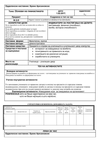 Одделенски наставник: Бране Аризановски
Тема: Основи на гимнастиката дата:
1.02.2017.
одделение:
I 2
Предмет Содржина и тип на час
Ф.З.О Digawe i nosewe na predmeti so odredena te`ina individualno
КОНКРЕТНИ ЦЕЛИ:
Da se osposobuva za dvi`ewe na svoeto telo vo celina vo
prostorot;
Da gi jakne golemite muskulni grupi na trupot;
Da se osposobuva za estetsko i elegantno dr`ewe na teloto i
delovi od nego;
Da se osposobuva da se dvi`i vo odreden pravec;
Da ja razviva ramnote`ata, perceptivnite i vestibularnite
sposobnosti
ИНДИКАТОРИ ЗА ПОСТИГАЊА НА ЦЕЛИТЕ:
(мотивација, физичка способност,
желба, моторна способноост)
Наставни форми: Фронтална, групна
Наставни методи: демонстративна
Наставни средства: Предмети и справи од училницата и училишниот двор компјутер
Средства и постапки
за оценување
• интересот за изведување на вежбите;
• почитувањето на правилата за игра;
• снаоѓањето во различни ситуации;
• соработката со учениците.
Место на
реализација:
Училница – училишен двор
ТЕК НА АКТИВНОСТИТЕ
Воведни активности:
Демонстрирање на вежбите за оформување на телото - поттикнување на учениците за правилно изведување на вежбите и
Изведување на вежбите за оформување на телото
Учечко поучувачки активности:
Ги запознавам учениците со правилно дигање и носење на предмети со одредена тежина
индивидуално; учениците изведуваат вежби со дигање и носење на предмети со одредена тежина
индивидуално при што ја следам нивната активност и доколку има потреба им помагам
Евалвациони активности: Изведуваме игра за смирување на организамот
РЕФЛЕКСИЈА Што ни беше најинтересно на овој час.
-што ни беше најтешко а што најлесно.
СТРУКТУРНИ ЕЛЕМЕНТИ НА ДОМАШНАТА ЗАДАЧА
Содржина на
домашната задача
Обем на
домашн
ата
задача
Препо
рачлив
о
време
Техноло
шка
подршк
а
Давање
на
повратна
информа
ција
Улогата на
семејството
Општа цел Дидактичка цел
Техника на
изработување
Број на учесници
Целта од зададената домашна задача
ПЛАН ЗА ЧАС
Одделенски наставник: Бране Аризановски
Опиши го рељефот на Република Македонија
Продолжување
на работата од
часот
Да го увежбува
пишувањето
Писмена домашна
работа
Индивидуалн
а работа
Да напише
5 реченици
10 – 15
минути
учебникписменаКонтрола на
изработената
домашна работа
Ученикот да се оспособи да разликува релјеф според картографски бои
 