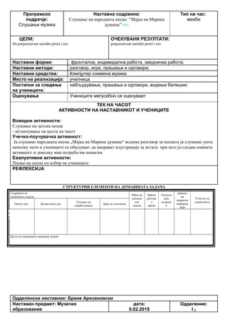 Програмско
подрачје:
Слушање музика
Наставна содржина:
Слушање на народната песна: “Мајка на Марика
думаше” ИКТ
Тип на час:
вежби
ЦЕЛИ:
Da prepoznavaat narodni pesni i ora
ОЧЕКУВАНИ РЕЗУЛТАТИ:
prepoznavaat narodni pesni i ora
Наставни форми: фронтална, индивидална работа, заедничка работа;
Наставни методи: разговор, игра, прашања и одговори;
Наставни средства: Компјутер снимена музика
Место на реализација: училница
Постапки за следење
на учениците:
набљудување, прашања и одговори, водење белешки;
Оценување Учениците меѓусебно се оценуваат
ТЕК НА ЧАСОТ
АКТИВНОСТИ НА НАСТАВНИКОТ И УЧЕНИЦИТЕ
Воведни активности:
Слушање на детска песна
- истакнување на целта на часот
Учечко-поучувачка активност:
Ја слушаме народната песна „Мајка на Марика думаше“ водиме разговор за песната ја слушаме уште
неколку пати и учениците се обидуваат да направат илустрација за истата при што ја следам нивната
активност и доколку има потреба им помагам
Евалуативни активности:
Пеење на песна по избор на учениците
РЕФЛЕКСИЈА
СТРУКТУРНИ ЕЛЕМЕНТИ НА ДОМАШНАТА ЗАДАЧА
Содржина на
домашната задача
Обем на
домашн
ата
задача
Препо
рачлив
о
време
Техноло
шка
подршк
а
Давање
на
повратна
информа
ција
Улогата на
семејството
Општа цел Дидактичка цел
Техника на
изработување
Број на учесници
Целта од зададената домашна задача
Одделенски наставник: Бране Аризановски
Наставен предмет: Музичко
образование
дата:
0.02.2018
Одделение:
I 2
Опиши го рељефот на Република Македонија
Продолжување
на работата од
часот
Да го увежбува
пишувањето
Писмена домашна
работа
Индивидуалн
а работа
Да напише
5 реченици
10 – 15
минути
учебникписменаКонтрола на
изработената
домашна работа
Ученикот да се оспособи да разликува релјеф според картографски бои
 