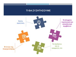 ΤΙ ΘΑ ΣΥΖΗΤΗΣΟΥΜΕ
Καλές
πρακτικές
Το διαδίκτυο
και οι
εφαρμογές του
Η έννοια της
διαφοροποίησης
Το σύγχρονο
τεχνολογικό και
εκπαιδευτικό
περιβάλλον
 