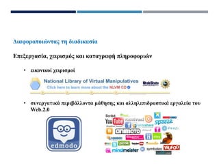 Διαφοροποιώντας τη διαδικασία
Επεξεργασία, χειρισμός και καταγραφή πληροφοριών
• εικονικοί χειρισμοί
• συνεργατικά περιβάλλοντα μάθησης και αλληλεπιδραστικά εργαλεία του
Web.2.0
 