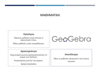 ΜΑΘΗΜΑΤΙΚΑ
Αποτέλεσμα
Όλοι οι μαθητές κατανοούν την έννοια
«γωνία»
Πρόκληση
Κάποιοι μαθητές είναι οπτικοι ή
ακουστικοί τύποι.
Άλλοι μαθητές είναι κιναισθητικοι.
Δραστηριότητα
Δημιουργία γωνιών χρησιμοποιώντας το
σώμα των παιδιών.
Αναγνώριση γωνιών του χώρου.
Χρήση GeoGebra
 