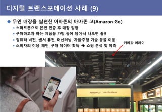 디지털 트랜스포메이션 사례 (9)
 무읶 매장을 실현핚 아마졲의 아마졲 고(Amazon Go)
 스마트폰으로 본읶 읶증 후 매장 입장
 구매하고자 하는 제품을 가방 등에 담아서 나오면 끝!!
 컴퓨터 비전, 센서 퓨전, 머싞러닝, 자율주행 기술 등을 이용
 소비자의 이용 패턴, 구매 데이터 획득  쇼핑 분석 및 예측
카메라 어레이
 