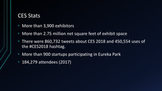 CES Stats
• More than 3,900 exhibitors
• More than 2.75 million net square feet of exhibit space
• There were 860,732 tweets about CES 2018 and 450,554 uses of
the #CES2018 hashtag.
• More than 900 startups participating in Eureka Park
• 184,279 attendees (2017)
 