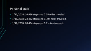 Personal stats
• 1/10/2018: 14,936 steps and 7.05 miles traveled.
• 1/11/2018: 23,432 steps and 11.07 miles traveled.
• 1/12/2018: 20,434 steps and 9.7 miles traveled.
 