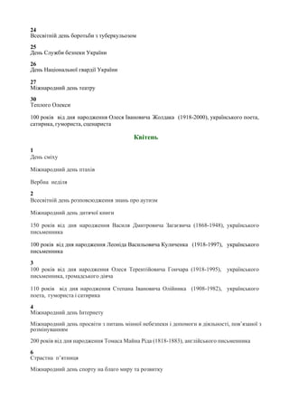 24
Всесвітній день боротьби з туберкульозом
25
День Служби безпеки України
26
День Національної гвардії України
27
Міжнародний день театру
30
Теплого Олекси
100 років від дня народження Олеся Івановича Жолдака (1918-2000), українського поета,
сатирика, гумориста, сценариста
Квітень
1
День сміху
Міжнародний день птахів
Вербна неділя
2
Всесвітній день розповсюдження знань про аутизм
Міжнародний день дитячої книги
150 років від дня народження Василя Дмитровича Загаєвича (1868-1948), українського
письменника
100 років від дня народження Леоніда Васильовича Куличенка (1918-1997), українського
письменника
3
100 років від дня народження Олеся Терентійовича Гончара (1918-1995), українського
письменника, громадського діяча
110 років від дня народження Степана Івановича Олійника (1908-1982), українського
поета, гумориста і сатирика
4
Міжнародний день Інтернету
Міжнародний день просвіти з питань мінної небезпеки і допомоги в діяльності, пов’язаної з
розмінуванням
200 років від дня народження Томаса Майна Ріда (1818-1883), англійського письменника
6
Страстна п’ятниця
Міжнародний день спорту на благо миру та розвитку
 