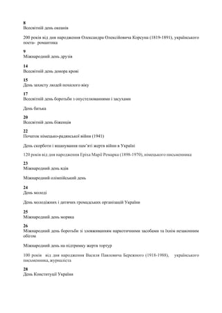 8
Всесвітній день океанів
200 років від дня народження Олександра Олексійовича Корсуна (1819-1891), українського
поета- романтика
9
Міжнародний день друзів
14
Всесвітній день донора крові
15
День захисту людей похилого віку
17
Всесвітній день боротьби з опустелюваннями і засухами
День батька
20
Всесвітній день біженців
22
Початок німецько-радянської війни (1941)
День скорботи і вшанування пам’яті жертв війни в Україні
120 років від дня народження Еріха Марії Ремарка (1898-1970), німецького письменника
23
Міжнародний день вдів
Міжнародний олімпійський день
24
День молоді
День молодіжних і дитячих громадських організацій України
25
Міжнародний день моряка
26
Міжнародний день боротьби зі зловживанням наркотичними засобами та їхнім незаконним
обігом
Міжнародний день на підтримку жертв тортур
100 років від дня народження Василя Павловича Бережного (1918-1988), українського
письменника,журналіста
28
День Конституції України
 