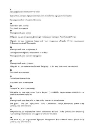 9
День української писемності та мови
Всеукраїнський день працівників культури та майстрів народного мистецтва
День преподобного Нестора Літописця
10
Всесвітній день молоді
Всесвітній день науки
13
Міжнародний день сліпих
100 років від дня створення Директорії Української Народної Республіки (1918 р.)
90 років від часу створення Директорії, уряду створеному в Україні 1918 р і очолюваного
В.Винниченком та С.Петлюрою
16
Міжнародний день толерантності
День працівників радіо, телебачення та зв’язку
Міжнародний день відмови від куріння
17
Міжнародний день студентів
160 років від дня народження Сельми Лагерлеф (1858-1940), шведської письменниці
20
Всесвітній день дитини
21
День гідності та свободи
Всесвітній день телебачення
24
День пам’яті жертв голодомору
130 років від дня народження Дейла Карнегі (1888-1955), американського спеціаліста в
області людських відносин
25
Міжнародний день боротьби за ліквідацію насильства над жінками
180 років від дня народження Івана Семеновича Нечуя-Левицького (1838-1918),
українського письменника
27
100 років від дня народження Бориса Євгеновича Патона (1918), українського вченого у
галузі електрозварювання, металургії та технології металів
29
240 років від дня народження Григорія Федоровича Квітки-Основ’яненка (1778-1843),
українського письменника
 