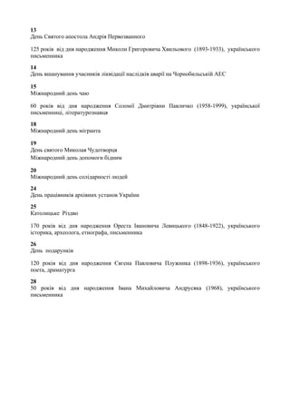 13
День Святого апостола Андрія Первозванного
125 років від дня народження Миколи Григоровича Хвильового (1893-1933), українського
письменника
14
День вшанування учасників ліквідації наслідків аварії на Чорнобильській АЕС
15
Міжнародний день чаю
60 років від дня народження Соломії Дмитрівни Павличко (1958-1999), української
письменниці, літературознавця
18
Міжнародний день мігранта
19
День святого Миколая Чудотворця
Міжнародний день допомоги бідним
20
Міжнародний день солідарності людей
24
День працівників архівних установ України
25
Католицьке Різдво
170 років від дня народження Ореста Івановича Левицького (1848-1922), українського
історика, археолога, етнографа, письменника
26
День подарунків
120 років від дня народження Євгена Павловича Плужника (1898-1936), українського
поета, драматурга
28
50 років від дня народження Івана Михайловича Андрусяка (1968), українського
письменника
 