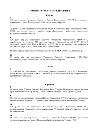 Знаменні та пам’ятні дати Луганщини
Січень
1
110 років від дня народження Вольного Федора Григоровича (1908-1974), луганського
письменника, члена Національної спілки письменників України.
2
75 років від дня народження Тимошенка Якова Максимовича (Яна Тимошенко) (1943-
1988), заслуженого артиста України, актора Луганського українського академічного
музично-драматичного театру.
6
120 років від дня народження Сосюри Володимира Миколайовича (1898-1965),
українського поета-лірика ХХ століття, лауреата Державної премії СРСР (1948) і
Державної премії імені Тараса Шевченка (1963). Дитячі та юнацькі роки пройшли в
селі Верхнє (Третя Рота), нині межа міста Лисичанська.
50 років від дня заснування меморіального музею В. М. Сосюри у м. Лисичанську.
12
85 років від дня народження Романенка Анатолія Семеновича (1938–2004),
письменника, члена Національної спілки письменників України.
Лютий
3
95 років від дня народження Полонського Євгенія Павловича (1923-1993), живописця,
члена Спілки художників СРСР. Працював у галузі станкового та монументально-
декоративного живопису.
Березень
5
60 років тому Указом Президії Верховної Ради України Ворошиловградська область
була перейменована в Луганську, а місто Ворошиловград - в місто Луганськ (1958).
8
80 років від дня народження Барабаша Василя Кириловича (1938), луганського художника,
працює в області живопису і графіки, члена Національного союзу художників України.
10
110 років від дня народження Шлапоберського Лева Йосиповича (1908-1996),
фотожурналіста Луганщини, фотокореспондента "Луганской правды", лауреата премії
ім. Б.Горбатова.
16
85 років від дня народження Петрищева Євгена Сергійовича (1933), луганського
художника-скульптора, члена Національної спілки художників України (1962).
 