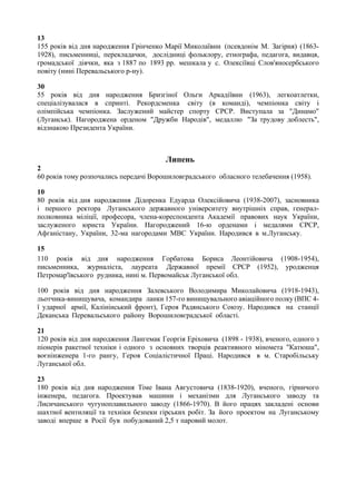 13
155 років від дня народження Грінченко Марії Миколаївни (псевдонім М. Загірня) (1863-
1928), письменниці, перекладачки, дослідниці фольклору, етнографа, педагога, видавця,
громадської діячки, яка з 1887 по 1893 рр. мешкала у с. Олексіївці Слов'яносербського
повіту (нині Перевальського р-ну).
30
55 років від дня народження Бризгіної Ольги Аркадіївни (1963), легкоатлетки,
спеціалізувалася в спринті. Рекордсменка світу (в команді), чемпіонка світу і
олімпійська чемпіонка. Заслужений майстер спорту СРСР. Виступала за "Динамо"
(Луганськ). Нагороджена орденом "Дружби Народів", медаллю "За трудову доблесть",
відзнакою Президента України.
Липень
2
60 років тому розпочались передачі Ворошиловградського обласного телебачення (1958).
10
80 років від дня народження Дідоренка Едуарда Олексійовича (1938-2007), засновника
і першого ректора Луганського державного університету внутрішніх справ, генерал-
полковника міліції, професора, члена-кореспондента Академії правових наук України,
заслуженого юриста України. Нагороджений 16-ю орденами і медалями СРСР,
Афганістану, України, 32-ма нагородами МВС України. Народився в м.Луганську.
15
110 років від дня народження Горбатова Бориса Леонтійовича (1908-1954),
письменника, журналіста, лауреата Державної премії СРСР (1952), уродженця
Петромар'ївського рудника, нині м. Первомайськ Луганської обл.
100 років від дня народження Залевського Володимира Миколайовича (1918-1943),
льотчика-винищувача, командира ланки 157-го винищувального авіаційного полку (ВПС 4-
ї ударної армії, Калінінський фронт), Героя Радянського Союзу. Народився на станції
Деканська Перевальського району Ворошиловградської областi.
21
120 років від дня народження Лангемак Георгія Еріховича (1898 - 1938), вченого, одного з
піонерів ракетної техніки і одного з основних творців реактивного міномета "Катюша",
воєнінженера 1-го рангу, Героя Соціалістичної Праці. Народився в м. Старобільську
Луганської обл.
23
180 років від дня народження Тіме Івана Августовича (1838-1920), вченого, гірничого
інженера, педагога. Проектував машини і механізми для Луганського заводу та
Лисичанського чугуноплавильного заводу (1866-1970). В його працях закладені основи
шахтної вентиляції та техніки безпеки гірських робіт. За його проектом на Луганському
заводі вперше в Росії був побудований 2,5 т паровий молот.
 