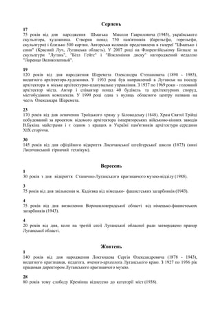 Серпень
17
75 років від дня народження Шматька Миколи Гавриловича (1943), українського
скульптора, художника. Створив понад 750 пам'ятників (барельєфи, горельєфи,
скульптури) і близько 500 картин. Авторська колекція представлена в галереї "Шматько і
сини" (Красний Луч, Луганська область). У 2007 році на Флорентійському Бієнале за
скульптури "Лугань", "Білл Гейтс" і "Поклоніння диску" нагороджений медаллю
"Лоренцо Великолепный".
19
120 років від дня народження Шеремета Олександра Степановича (1898 - 1985),
видатного архітектора-художника. У 1933 році був направлений в Луганськ на посаду
архітектора в міське архітектурно-планувальне управління. З 1937 по 1969 роки - головний
архітектор міста. Автор і співавтор понад 40 будівель та архітектурних споруд,
містобудівних комплексів. У 1999 році одна з вулиць обласного центру названа на
честь Олександра Шеремета.
23
170 років від дня освячення Троїцького храму у Біловодську (1848). Храм Святої Трійці
побудований за проектом відомого архітектора імператорських військово-кінних заводів
В.Букіна майстрами і є одним з кращих в Україні пам'ятників архітектури середини
XIX сторіччя.
30
145 років від дня офіційного відкриття Лисичанської штейгерської школи (1873) (нині
Лисичанський гірничий технікум).
Вересень
1
30 років з дня відкриття Станично-Луганського краєзнавчого музею-відділу (1988).
3
75 років від дня звільнення м. Кадієвка від німецько- фашистських загарбників (1943).
4
75 років від дня визволення Ворошиловградської області від німецько-фашистських
загарбників (1943).
4
20 років від дня, коли на третій сесії Луганської обласної ради затверджено прапор
Луганської області.
Жовтень
1
140 років від дня народження Локтюшева Сергія Олександровича (1878 - 1943),
видатного краєзнавця, педагога, вченого-археолога Луганського краю. З 1927 по 1936 рік
працював директором Луганського краєзнавчого музею.
28
80 років тому слободу Кремінна віднесено до категорії міст (1938).
 