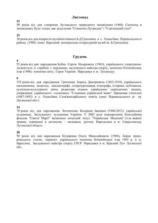 Листопад
12
50 років від дня створення Луганського природного заповідника (1968). Спочатку в
заповіднику було тільки два відділення "Станично-Луганське" і "Стрілецький степ".
25
30 років від дня відкриття музейної кімнати Б.Д.Грінченка в с. Олексіївка Перевальського
району (1988) (нині Народний меморіально-літературний музей ім. Б.Грінченка).
Грудень
4
55 років від дня народження Бубки Сергія Назаровича (1963), українського спортсмена-
легкоатлета зі стрибків з жердиною, заслуженого майстра спорту, чемпіона Олімпійських
ігор (1988), чемпіона світу, Героя України. Народився в м. Луганську.
9
155 років від дня народження Грінченка Бориса Дмитровича (1863-1910), українського
письменника, педагога, лексикографа, літературознавця, етнографа, історика, публіциста,
суспільно-культурного діяча, редактора кількох українських періодичних видань,
упорядника українського тлумачного "Словника української мови". Працював учителем
(1887-1893) в с. Олексіївка Слов'яносербського повіту (нині Перевальського р- ну
Луганської обл.).
14
70 років від дня народження Литовченка Катерини Іванівни (1948-2012), української
художниці, Заслуженого художника України. У 2003 році міжнародним благодійним
фондом "Святої Марії" визначено почесний титул "Українська Мадонна" (з-за важкої
травми, отриманої в дитинстві, - малювала ротом). Народилася в м. Свердловську
Луганської області.
20
50 років від дня народження Кучеренка Олега Миколайовича (1968), борця греко-
римського стилю, першого українського чемпіона Олімпійських ігор 1992 р. в м.
Барселоні, Заслуженого майстра спорту СРСР. Народився в м. Красний Луч Луганської
обл.
 