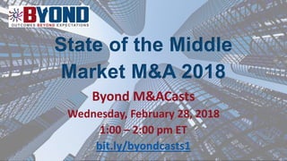 State of the Middle
Market M&A 2018
Byond M&ACasts
Wednesday, February 28, 2018
1:00 – 2:00 pm ET
bit.ly/byondcasts1
 