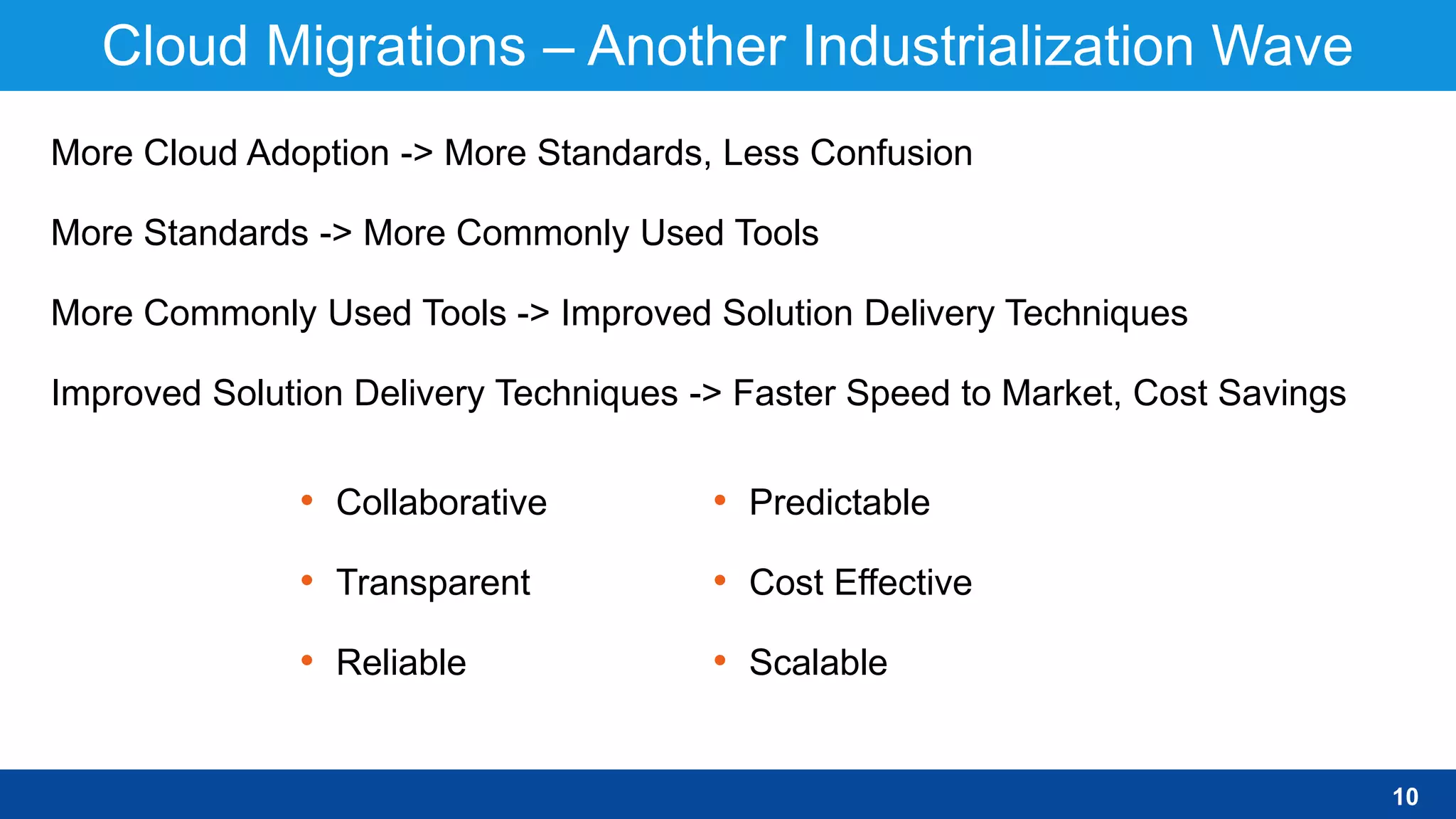 Cloud Migrations – Another Industrialization Wave
10
More Cloud Adoption -> More Standards, Less Confusion
More Standards -> More Commonly Used Tools
More Commonly Used Tools -> Improved Solution Delivery Techniques
Improved Solution Delivery Techniques -> Faster Speed to Market, Cost Savings
• Collaborative
• Transparent
• Reliable
• Predictable
• Cost Effective
• Scalable
 