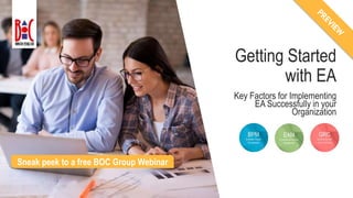 1
Key Factors for Implementing
EA Successfully in your
Organization
Getting Started
with EA
Sneak peek to a free BOC Group Webinar
 