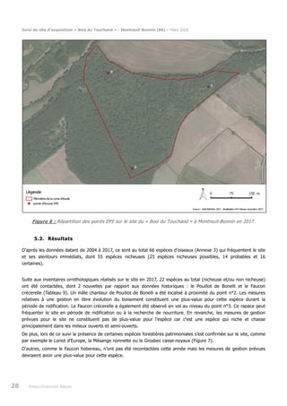 Suivi du site d’acquisition « Bois du Touchand » - Montreuil-Bonnin (86) – Mars 2018
28 Poitou-Charentes Nature
Figure 6 : Répartition des points EPS sur le site du « Bois du Touchand » à Montreuil-Bonnin en 2017.
5.3. Résultats
D’après les données datant de 2004 à 2017, ce sont au total 66 espèces d’oiseaux (Annexe 3) qui fréquentent le site
et ses alentours immédiats, dont 55 espèces nicheuses (25 espèces nicheuses possibles, 14 probables et 16
certaines).
Suite aux inventaires ornithologiques réalisés sur le site en 2017, 22 espèces au total (nicheuse et/ou non nicheuse)
ont été contactées, dont 2 nouvelles par rapport aux données historiques : le Pouillot de Bonelli et le Faucon
crécerelle (Tableau 9). Un mâle chanteur de Pouillot de Bonelli a été localisé à proximité du point n°2. Les mesures
relatives à une gestion en libre évolution du boisement constituent une plus-value pour cette espèce durant la
période de nidification. Le Faucon crécerelle a également été observé en vol au niveau du point n°3. Ce rapace peut
fréquenter le site en période de nidification ou à la recherche de nourriture. En revanche, les mesures de gestion
prévues pour le site ne constituent pas de plus-value pour l’espèce car c’est une espèce qui niche et chasse
principalement dans les milieux ouverts et semi-ouverts.
De plus, lors de ce suivi la présence de certaines espèces forestières patrimoniales s’est confirmée sur le site, comme
par exemple le Loriot d’Europe, la Mésange nonnette ou le Grosbec casse-noyaux (Figure 7).
D’autres, comme le Faucon hobereau, n’ont pas été recontactées cette année mais les mesures de gestion prévues
devraient avoir une plus-value pour cette espèce.
 