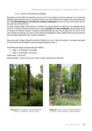 Suivi du site d’acquisition « Bois du Touchand » - Montreuil-Bonnin (86) – Mars 2018
Poitou-Charentes Nature 33
6.1.3. Durée et périodicité du piégeage
Martikainen et Kaila (2004) ont démontré que plus de 75 % des espèces communes capturées sur 10 années de
piégeage étaient capturées dès les 3 premières années, alors que la détection des espèces rares est beaucoup plus
lente. Un échantillonnage sur une durée de 3 années consécutives est donc un strict minimum pour avoir un
bon aperçu de la faune d'un site.
De même, Bouget (2008) a démontré que le maximum de richesse globale est atteint lors d'un piégeage continu
centré sur la période d'activité maximale (juin) et qu'une période de 3 mois consécutifs (mai-juin-juillet) donne
en moyenne les meilleurs résultats. Le dispositif d'échantillonnage sera donc mis en place entre fin avril et mi-mai
selon l'altitude et la latitude (une mise en œuvre précoce est préférable en région méditerranéenne) pour se terminer
entre fin juillet et début août, soit 7 récoltes consécutives.
Nous avons posé 2 pièges PolytrapTM amorcés à l’éthanol sur le site « Bois du Touchand ». Les pièges sont placés
sur les arbres les plus favorables à la pose des pièges (exposition, accès...).
Coordonnées des pièges (en degrés décimaux WGS84) :
• Piège 1 : N+46,54544°, E+0,13088°
• Piège 2 : N+46,54545°, E+0,13119°
Date de pose : 25 avril 2017
Dates de récoltes : 9 mai, 23 mai, 6 juin, 20 juin, 4 juillet, 18 juillet et 1er août 2017.
Photo 11 : Arbre support du piège Polytrap 1
(Source : Noblecourt Thierry / ONF)
Photo 12 : Arbre support du piège Polytrap 2
(Source : Ducept Samuel / Vienne Nature)
 